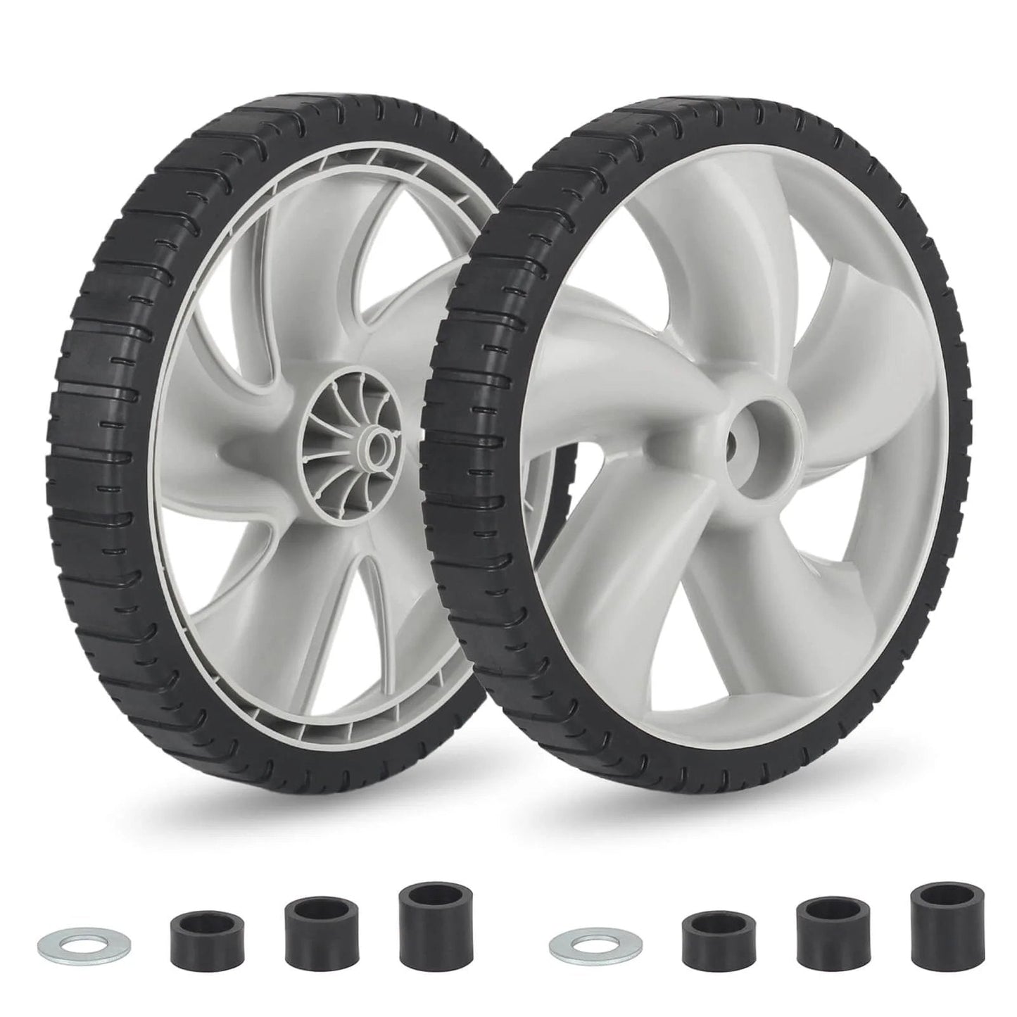 12 Inch Rear Lawn Mower Wheels Replacement for Arnold 490-324-0002 showing two plastic wheels with hubs and adapters