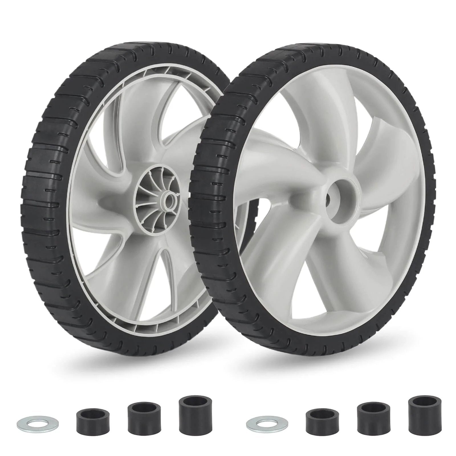 12 Inch Rear Lawn Mower Wheels Replacement for Arnold 490-324-0002 showing two plastic wheels with hubs and adapters