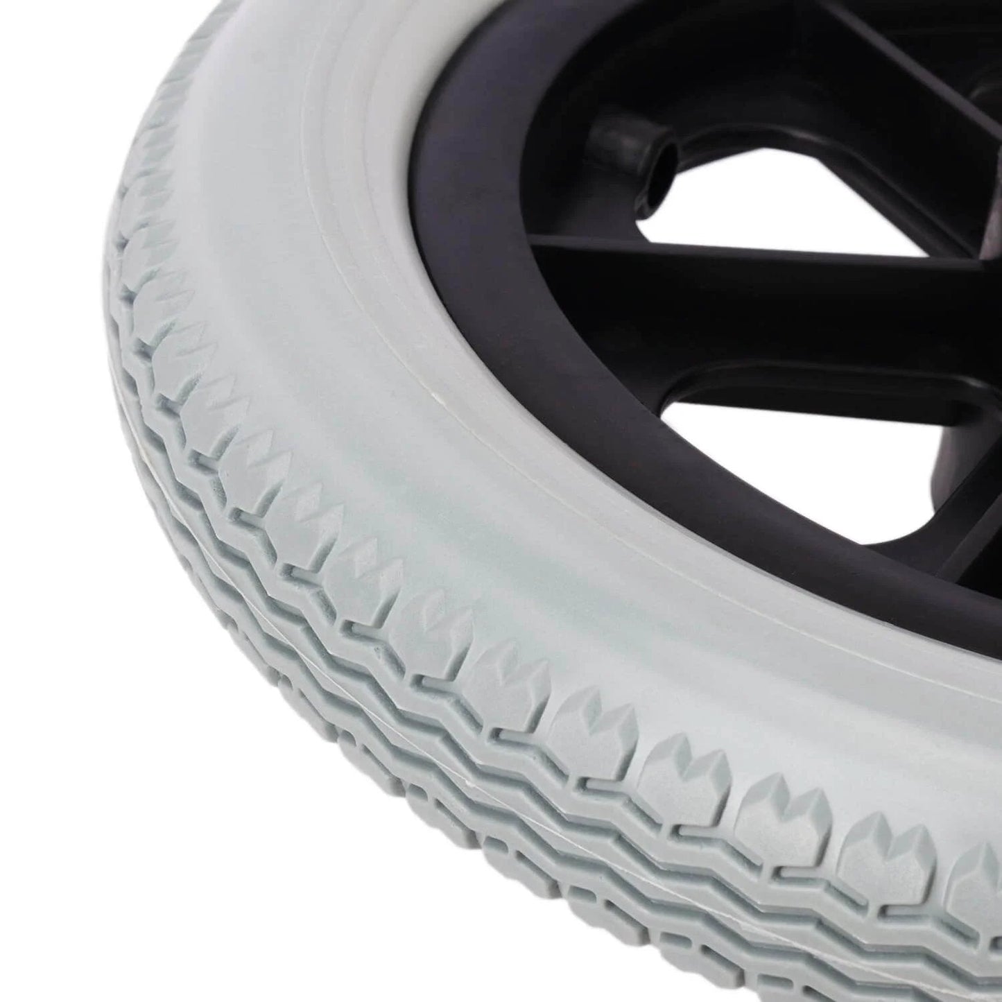 Close-up of 2 Pack 12 Inch Solid Plastic Spoked Wheelchair Replacement Wheels with Hard Rubber Tires