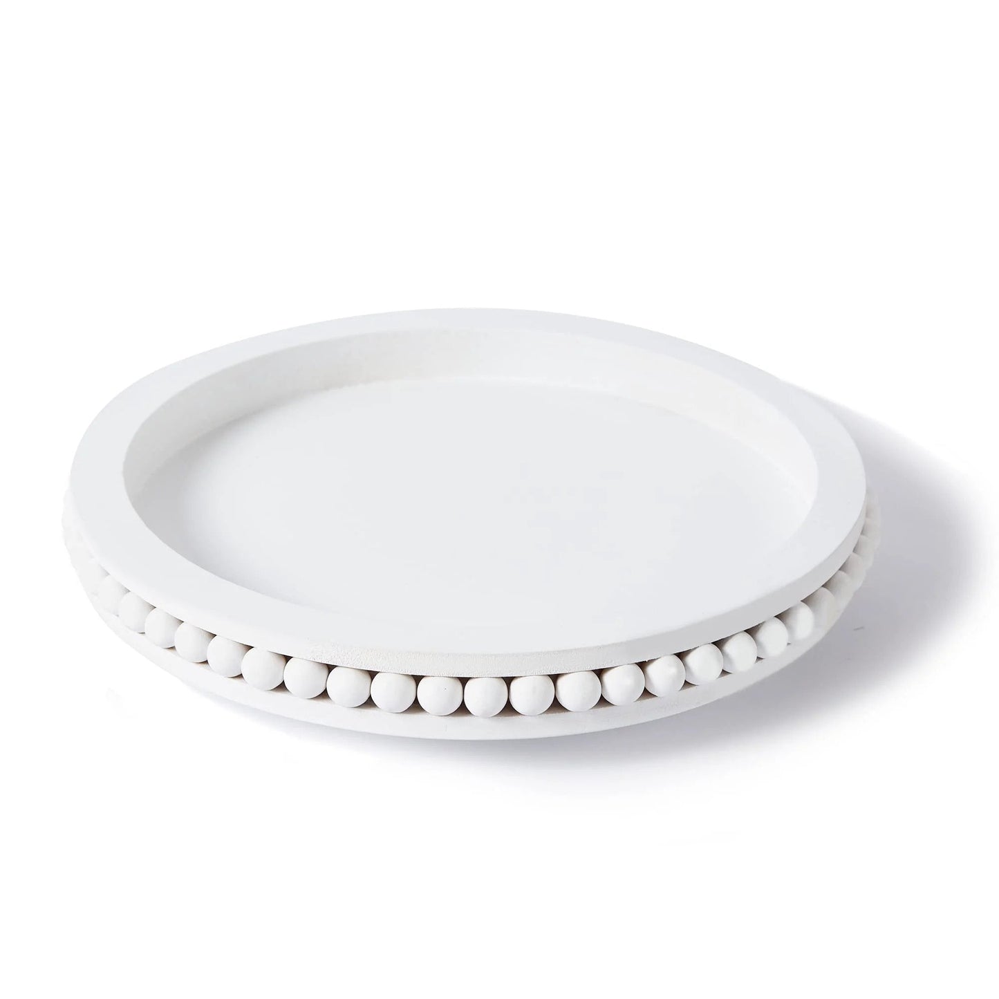 12 Inch White Beaded Lazy Susan Turntable for Tabletop and Countertop, Wooden Decorative Kitchen Organizer Centerpiece Tray with 360 Degree Rotation, Smooth Bearings, Durable Solid Wood Construction, Ideal Dining Table Decor