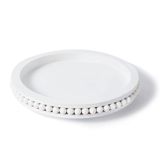 12 Inch White Beaded Lazy Susan Turntable for Tabletop and Countertop, Wooden Decorative Kitchen Organizer Centerpiece Tray with 360 Degree Rotation, Smooth Bearings, Durable Solid Wood Construction, Ideal Dining Table Decor