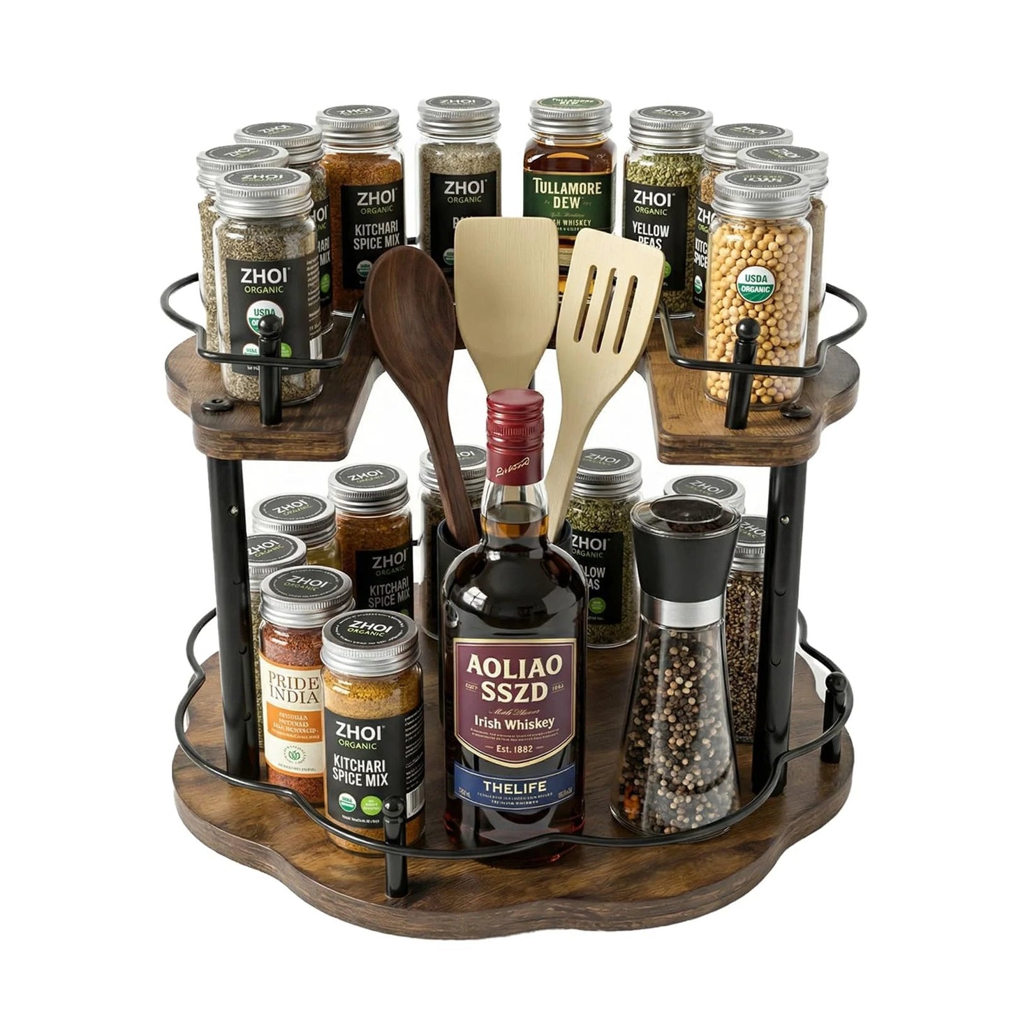12 Inch Wood Lazy Susan Organizer for Cabinet With Double Layer Rotating Design and Plum Blossom Shape, Height Adjustable Shelves for Kitchen Cabinet Storage and Pantry Turntable, Ideal for Spices Cans Jars Seasonings and Other Small Kitchen Essentials
