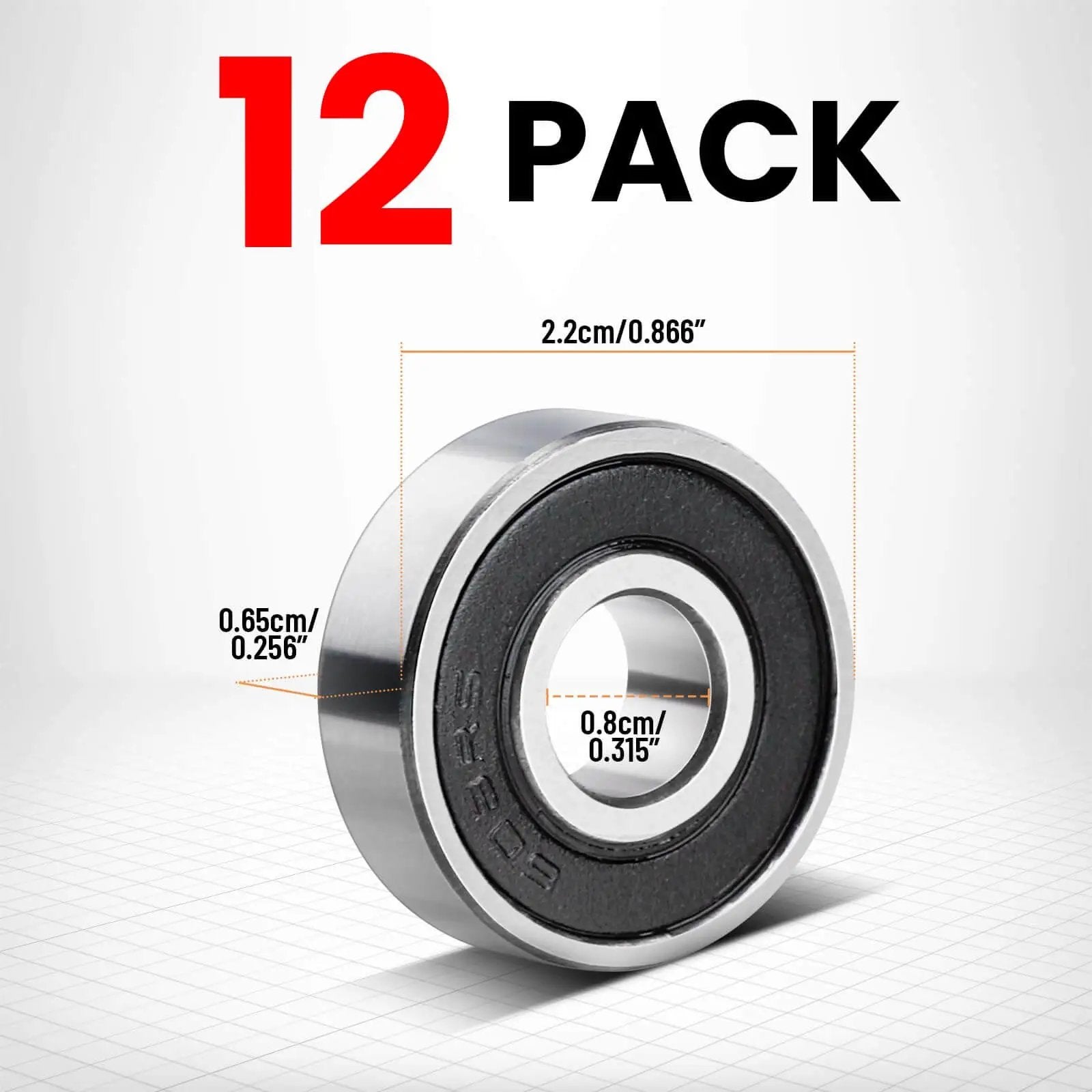 Pack of 12 608-2RS sealed ball bearings 8x22x7mm in steel showing dimensions and deep groove design
