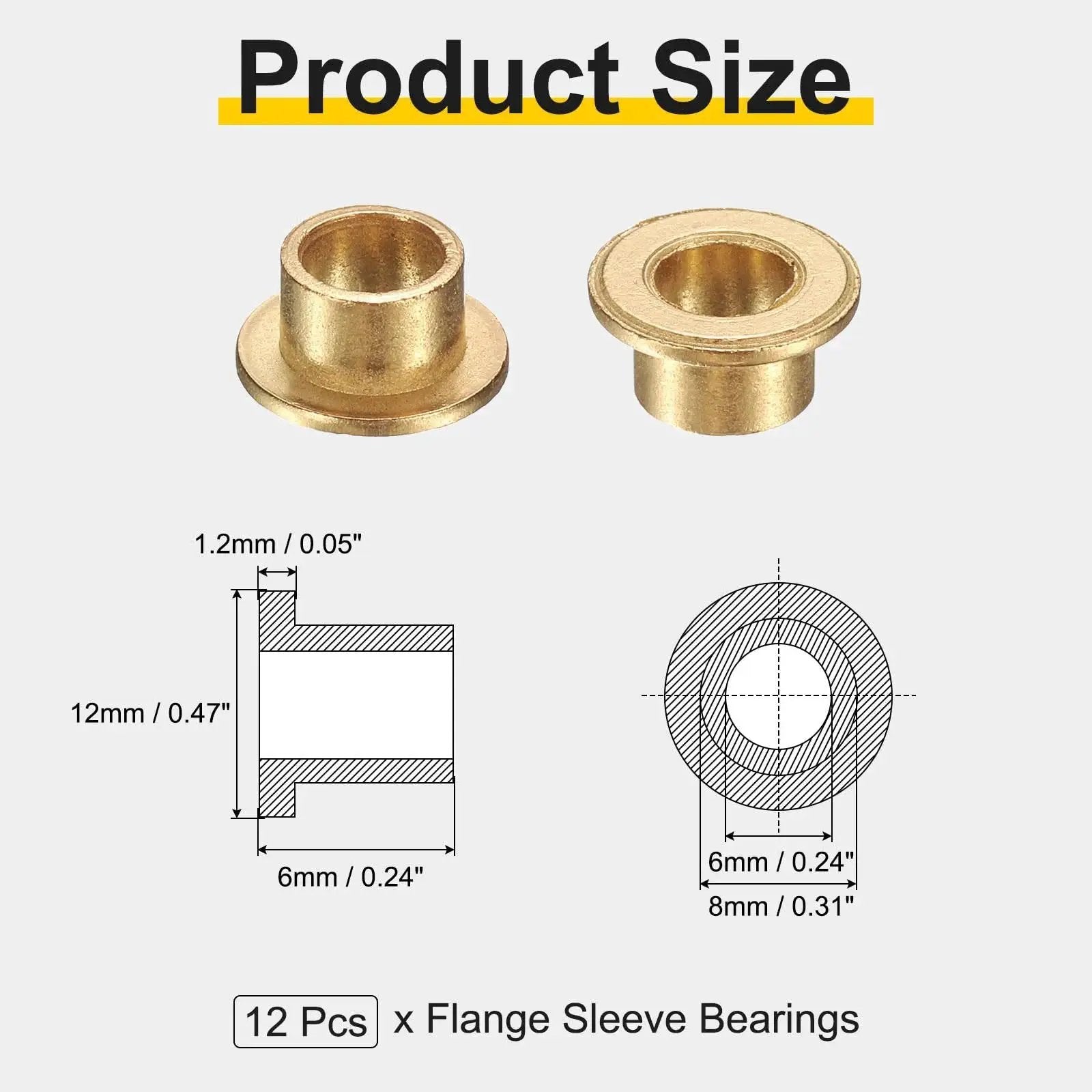 Diagram of 12 Pack Flange Sleeve Bearings 6mm Bore 8mm OD 6mm Length Sintered Bronze Self Lubricating Bushings with size measurements