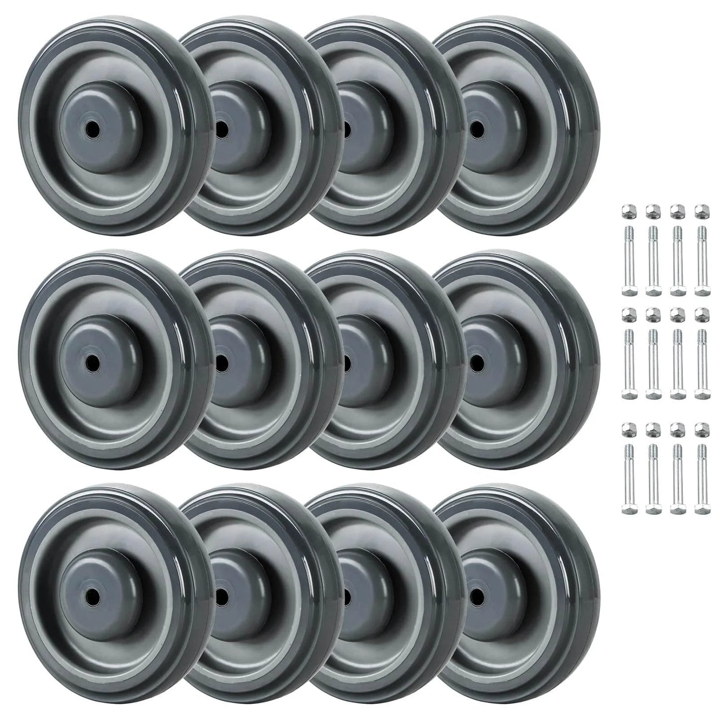 12 Pack Shopping Cart Replacement Wheels Kit with 5 Inch TPU Casters, Double Ball Bearing Silent Supermarket Wheels, 5/16 Inch Bore, 120 lb Capacity Each, Includes Bolts & Locking Nuts, Grey Wheels
