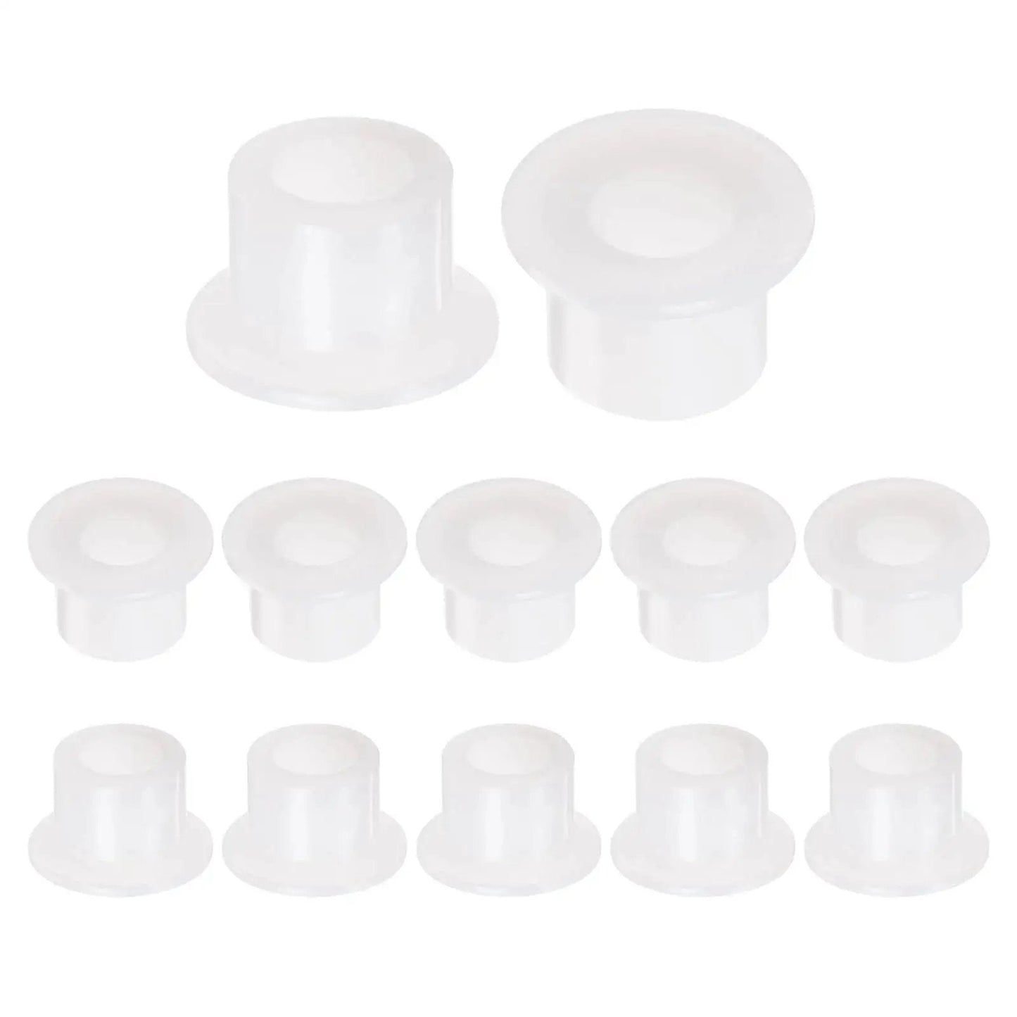 12 Pack Nylon Flanged Sleeve Bearings 6.1mm Bore By 9.9mm OD By 8.3mm Length White Self-Lubricating Bushings displayed in a row