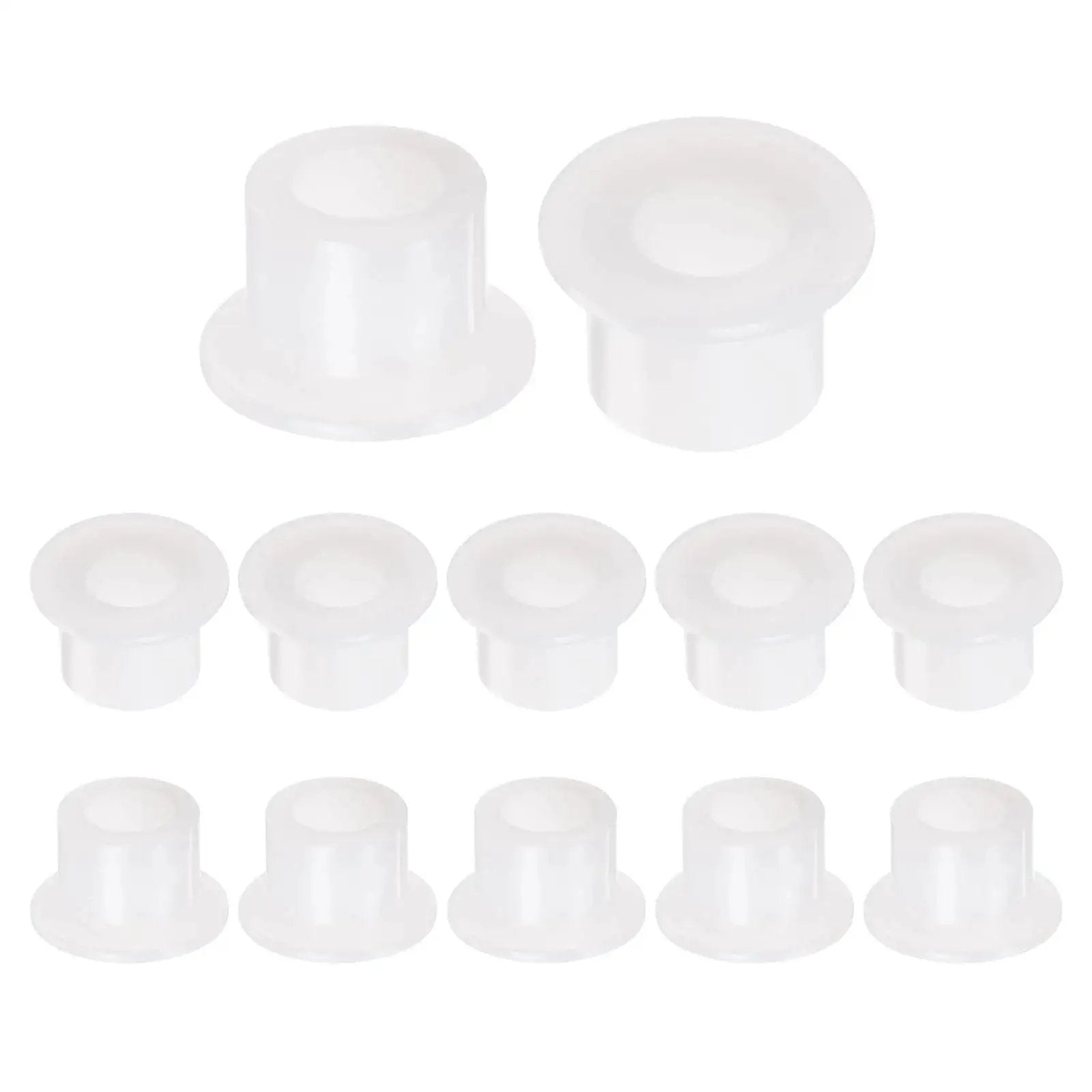 12 Pack Nylon Flanged Sleeve Bearings 6.1mm Bore By 9.9mm OD By 8.3mm Length White Self-Lubricating Bushings displayed in a row