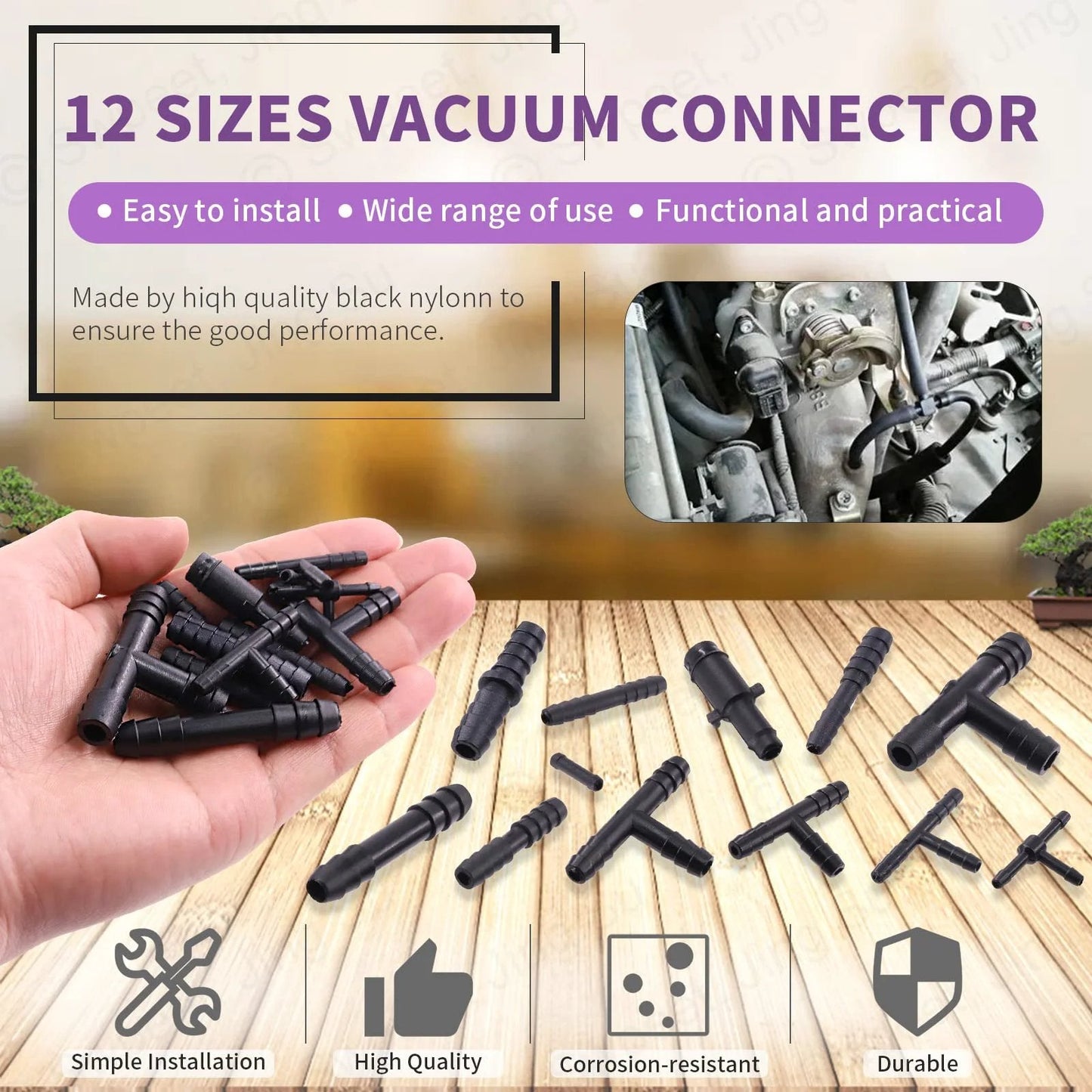 113Pcs Vacuum Connector Kit With Tee Reducers And Straight Hose Connectors For Replacing Vacuum Hoses In Your DIY Setup, Includes various sizes and types of connectors on a table.