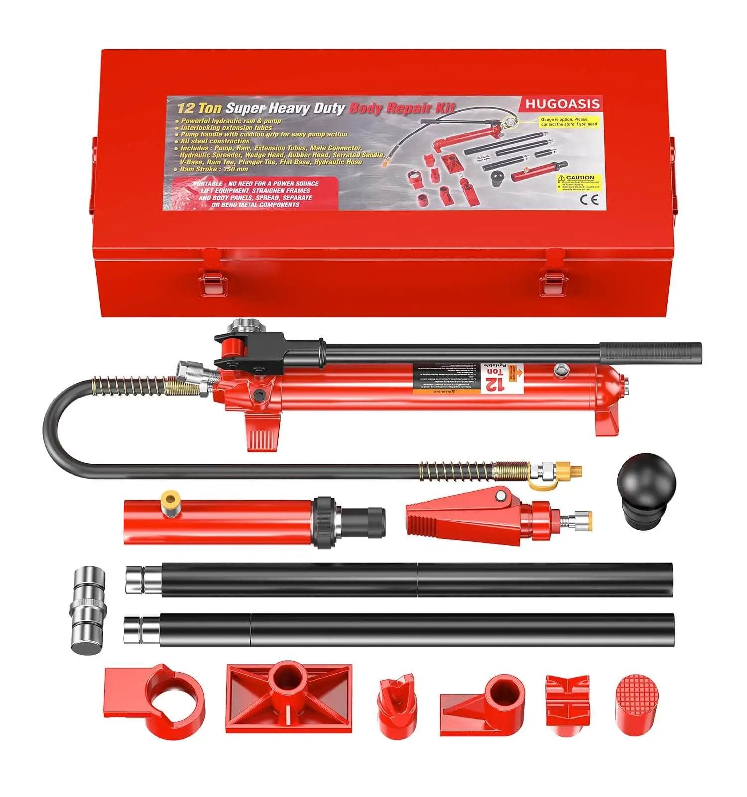 Pro Grade 12 Ton Hydraulic Body Repair Kit With Portable Floor Jack Ram Pump Set, all components displayed, red steel.