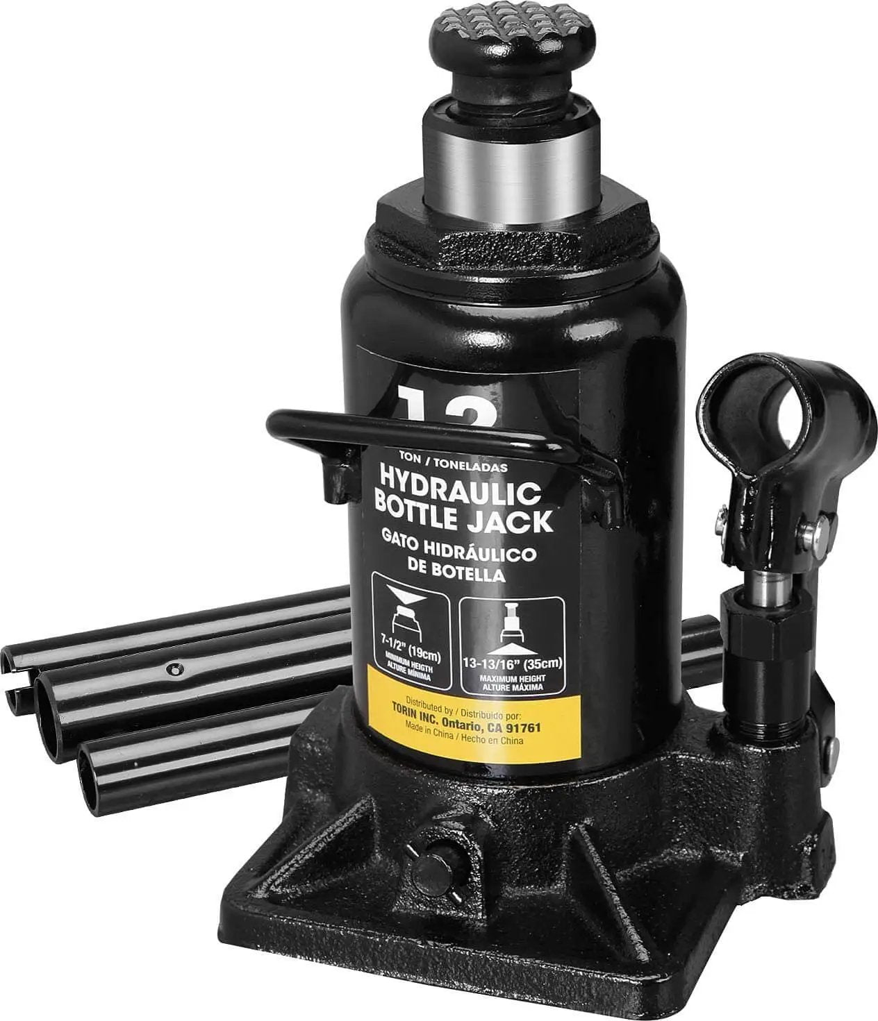 Beefy 12 Ton Hydraulic Bottle Jack For Cars And SUVs With 24,000 Lbs Lift, 7.5 To 13.8 Inch Lift Range, Serrated Heat Treated Saddle, Black