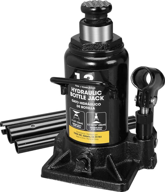 Beefy 12 Ton Hydraulic Bottle Jack For Cars And SUVs With 24,000 Lbs Lift, 7.5 To 13.8 Inch Lift Range, Serrated Heat Treated Saddle, Black