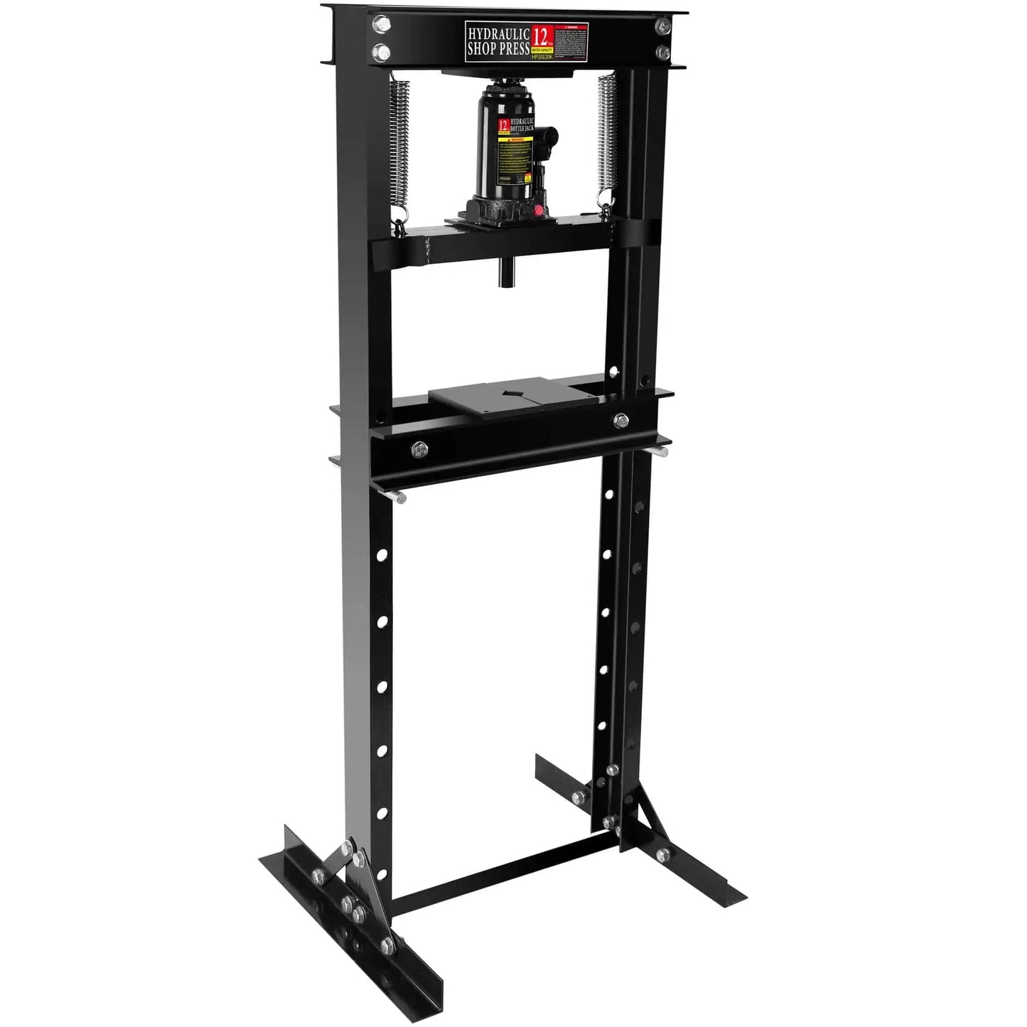 12 Ton Hydraulic Shop Press H Frame With Adjustable Floor Stand For Auto Shop Use Includes Stamping Plates To Bend Straighten Or Press Parts And Install Bearings And U Joints Heavy Duty Garage Tool For Fast Reliable Power