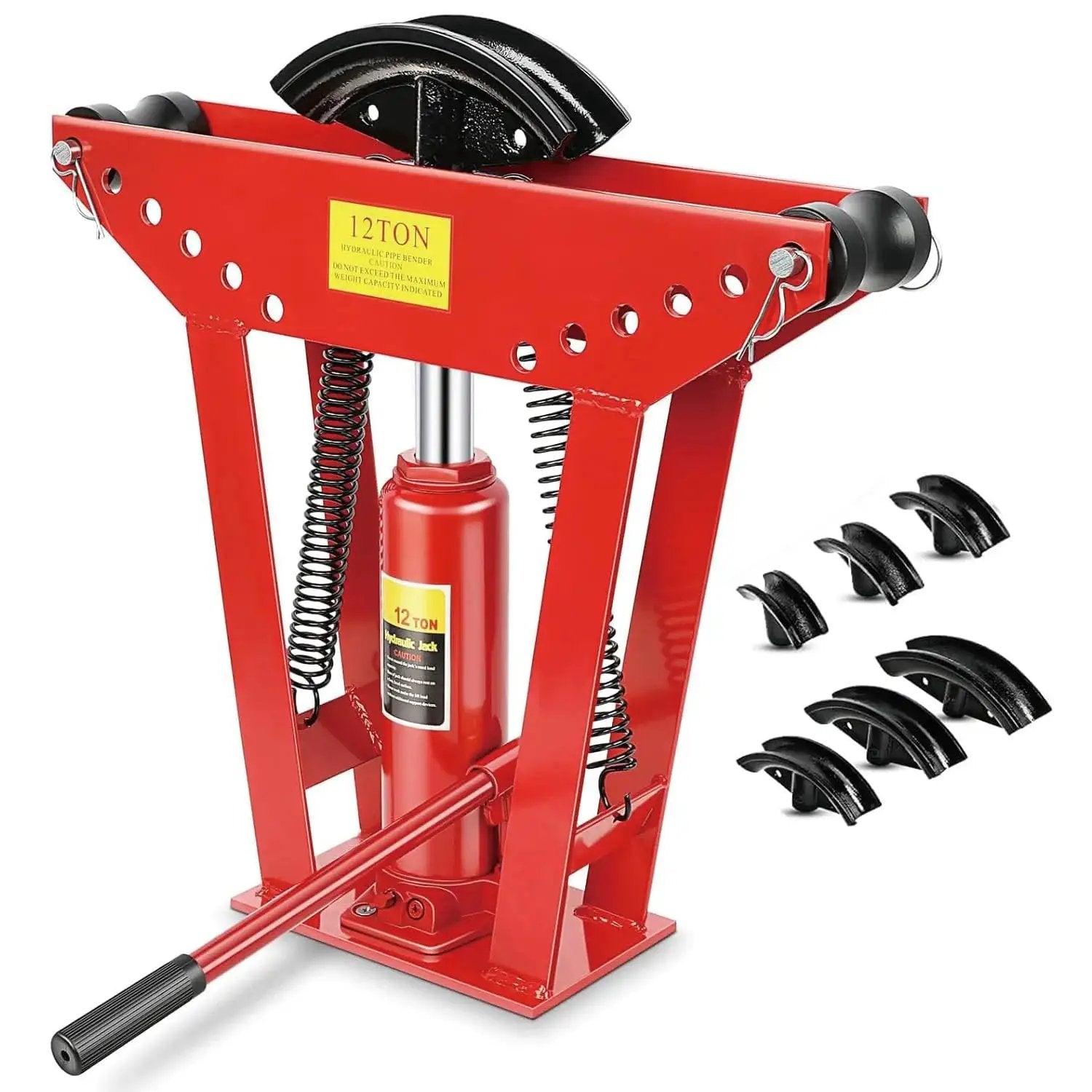 12 Ton Hydraulic Pipe Bender With Six Dies For Copper Steel And Iron Tubing Half Inch To Two Inch Adjustable 90 To 180 Degree Bends Ratcheting Manual Tube Bender with rods.