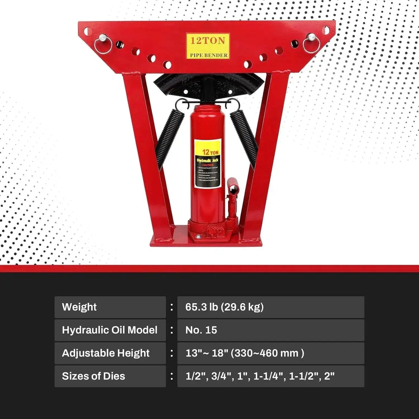 12 Ton Hydraulic Pipe Bender with Six Dies, front view, red frame for copper steel iron tubing, adjustable 90 to 180 degree bends.