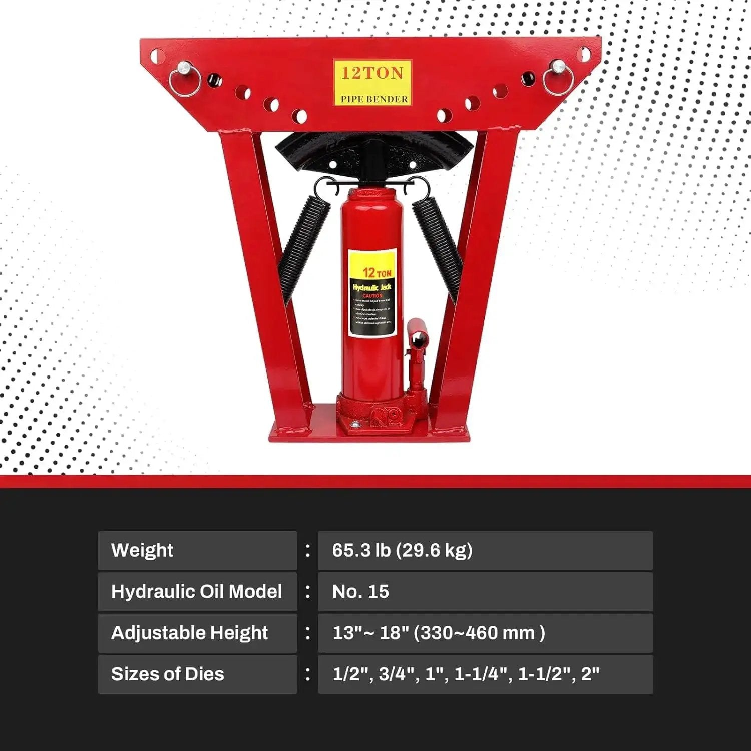 12 Ton Hydraulic Pipe Bender with Six Dies, front view, red frame for copper steel iron tubing, adjustable 90 to 180 degree bends.