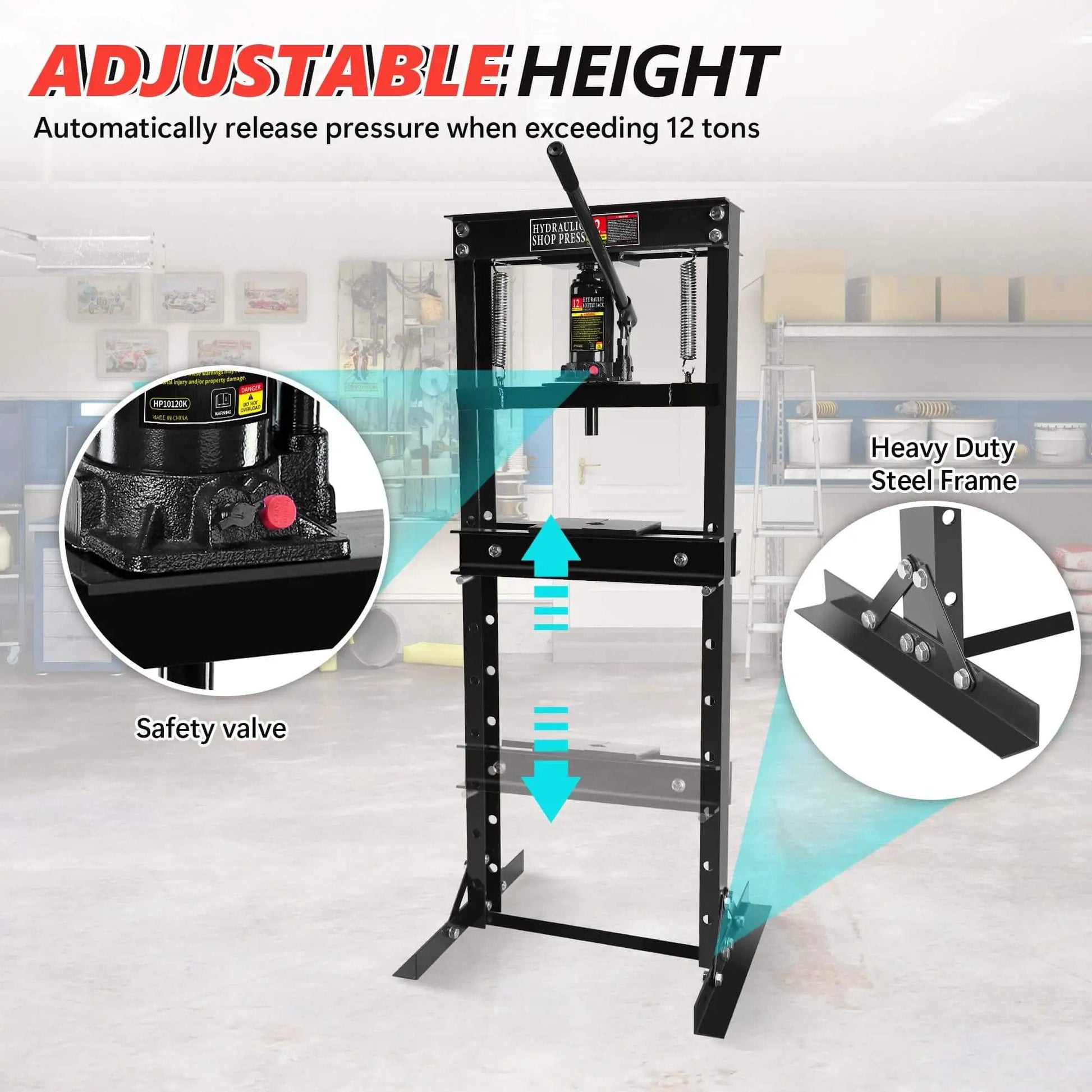 12 Ton Hydraulic Shop Press H Frame With Adjustable Floor Stand For Auto Shop Use Includes Stamping Plates