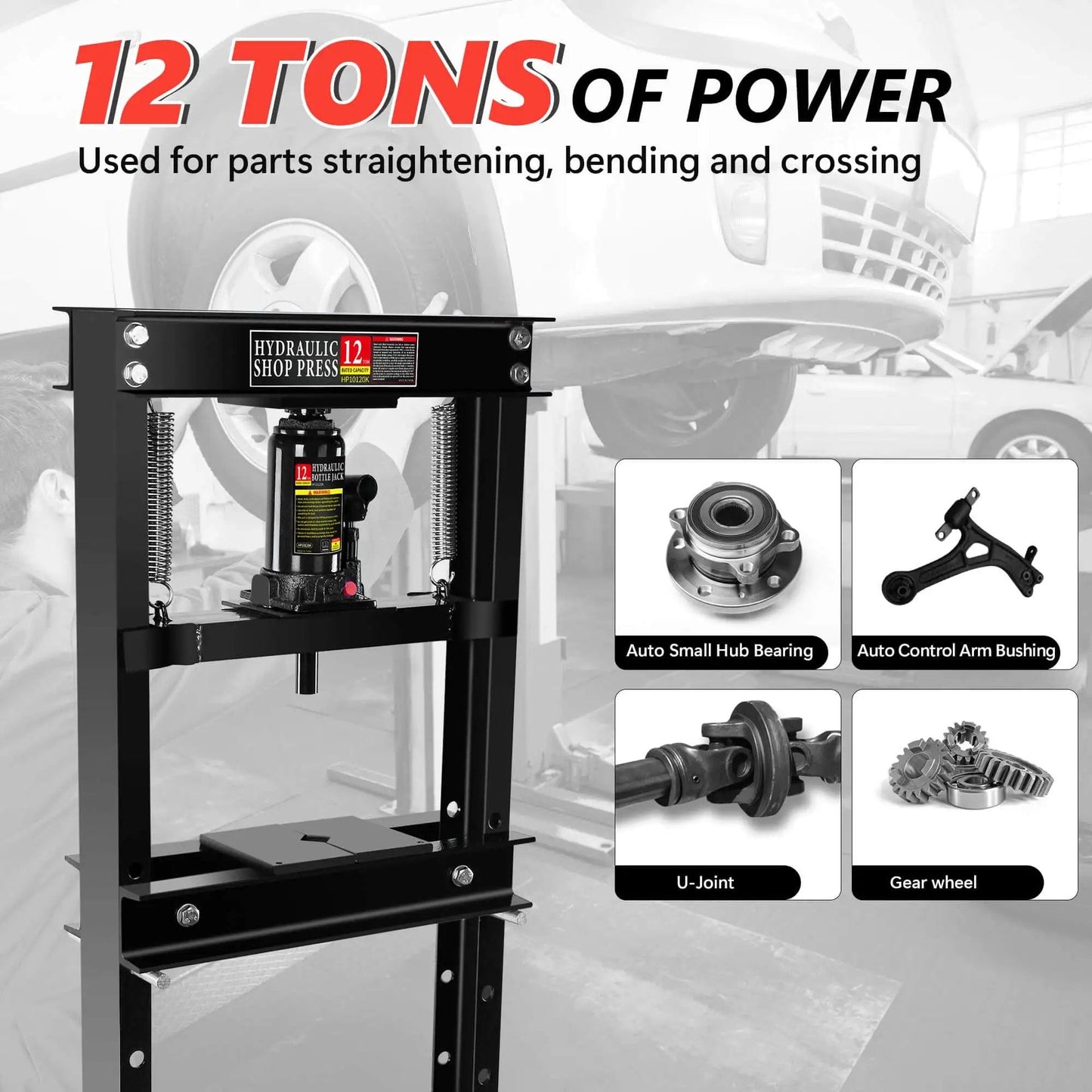 12 Ton Hydraulic Shop Press H Frame With Adjustable Floor Stand For Auto Shop Use Includes Stamping Plates To Bend Straighten Or Press Parts And Install Bearings And U Joints Heavy Duty Garage Tool For Fast Reliable Power