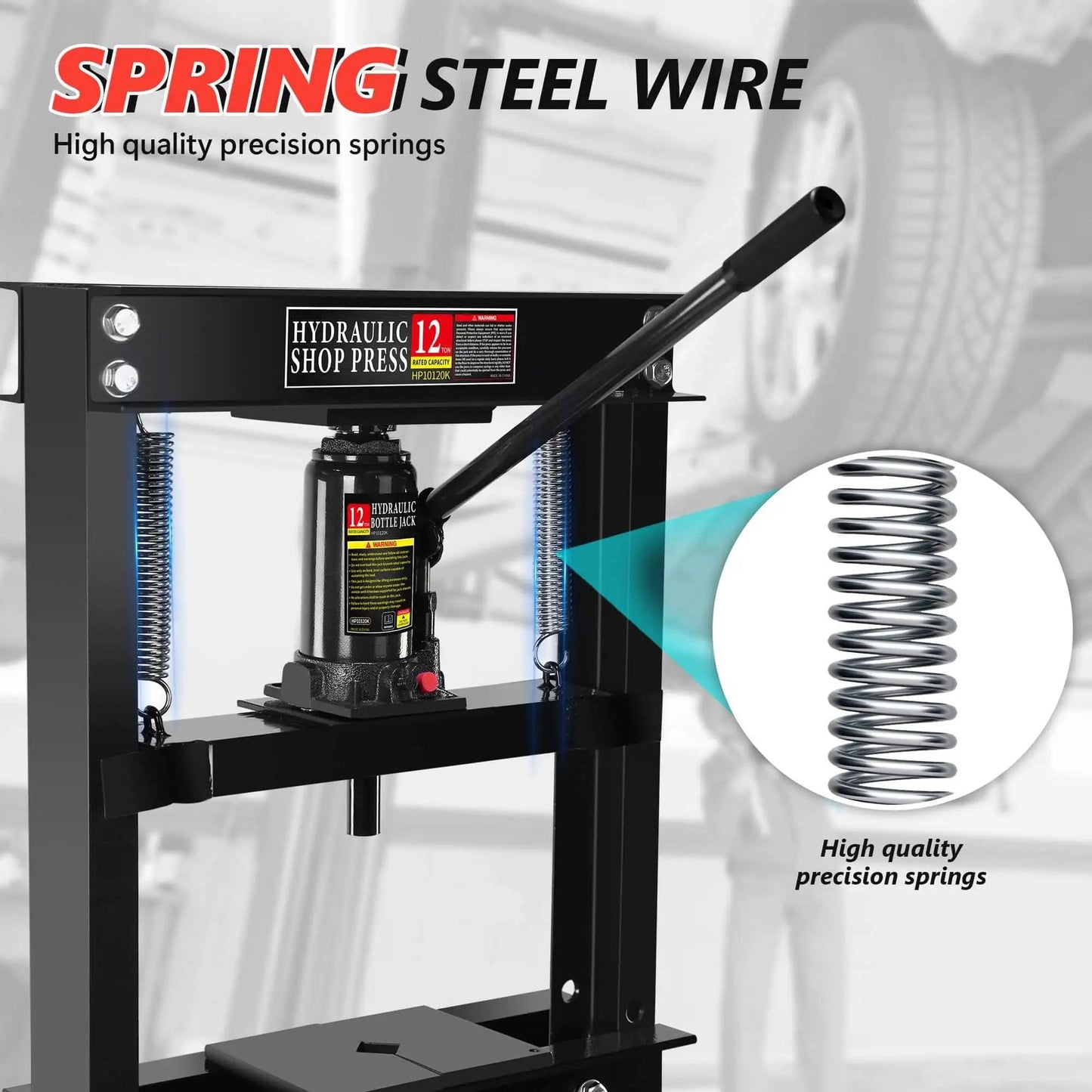 12 Ton Hydraulic Shop Press H Frame With Adjustable Floor Stand For Auto Shop Use Includes Stamping Plates To Bend Straighten Or Press Parts And Install Bearings And U Joints Heavy Duty Garage Tool For Fast Reliable Power with steel spring detail