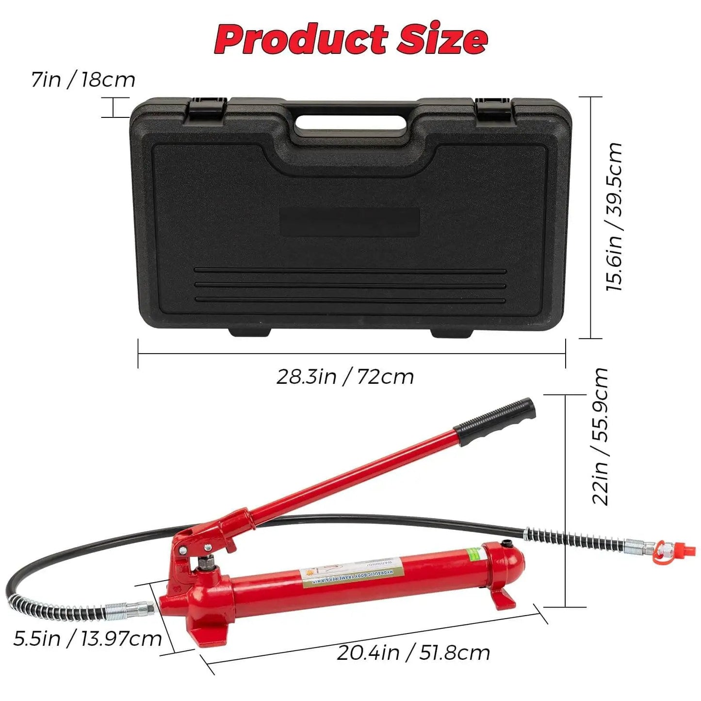 Heavy Duty 12 Ton Hydraulic Porta Power Jack Kit with storage case, dimensions shown for oil hose and jack components.