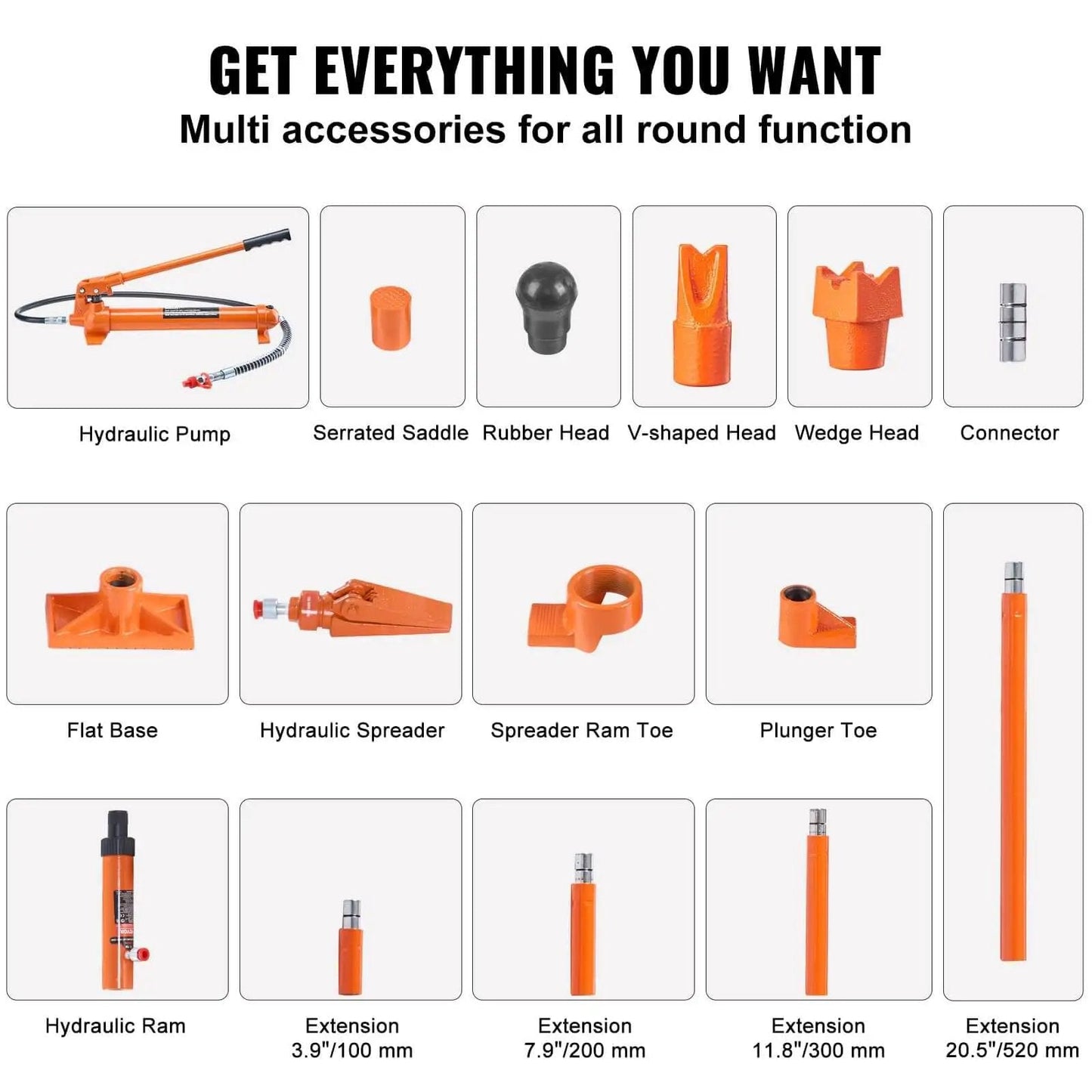 12 Ton Porta Power Kit With Long Handle And 4.6 Ft Hose accessories shown including hydraulic pump, ram, and extension rods.