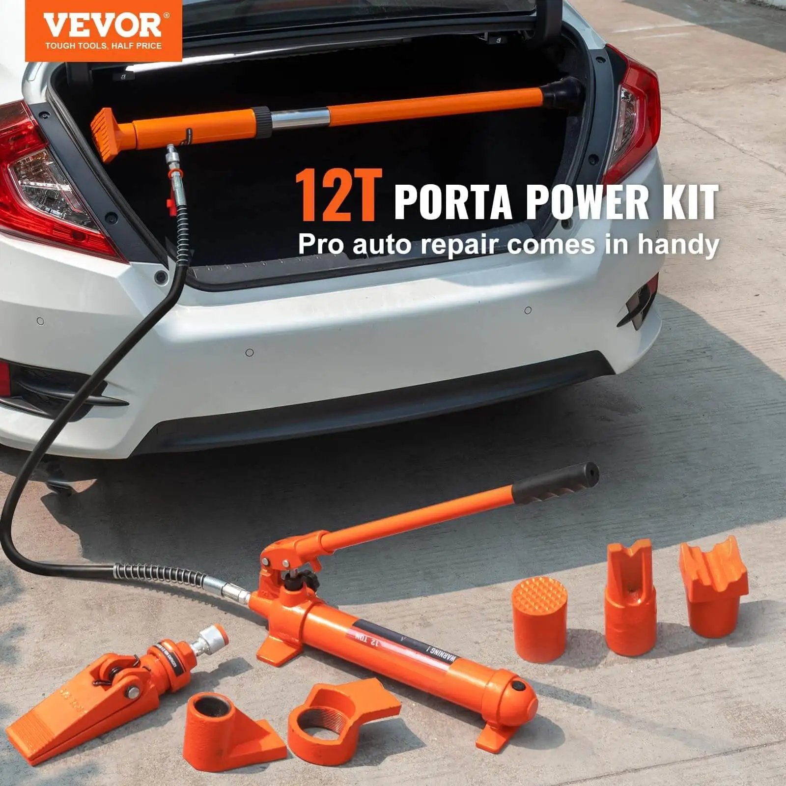 12 Ton Porta Power Kit With Long Handle And 4.6 Ft Hose, Portable Hydraulic Jack For Auto Body Frame Repair, Cars, Trucks, And Farm Use, Easy Setup In A Durable Storage Case, Heavy Duty Lifting And Quick Assembly displayed near car trunk