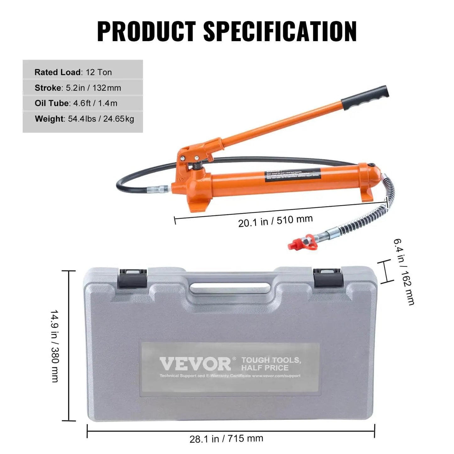 12 Ton Porta Power Kit With Long Handle And 4.6 Ft Hose, durable storage case, portable hydraulic jack for auto body frame repair