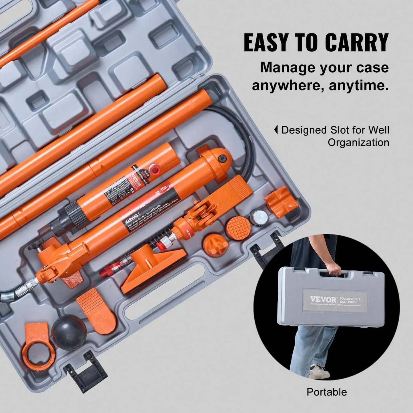 Open storage case containing tools from 12 Ton Porta Power Kit With Long Handle And 4.6 Ft Hose, Portable Hydraulic Jack For Auto Body Frame Repair, Cars, Trucks, And Farm Use, Easy Setup In A Durable Storage Case, Heavy Duty Lifting And Quick Assembly