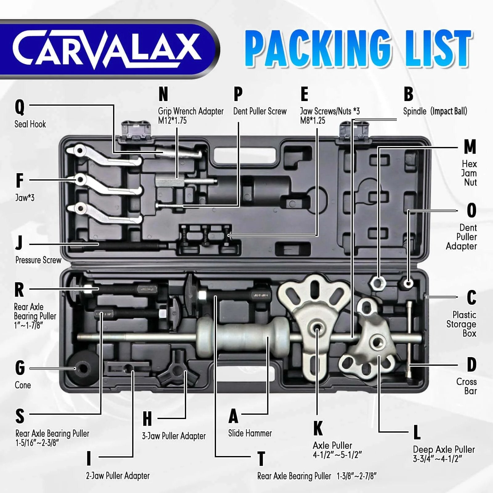 12-Way Slide Hammer Puller Set, Front Wheel Hub Bearing & Rear Wheel Axle Remover Puller Set, 23PCS Tool Kit in black carry box