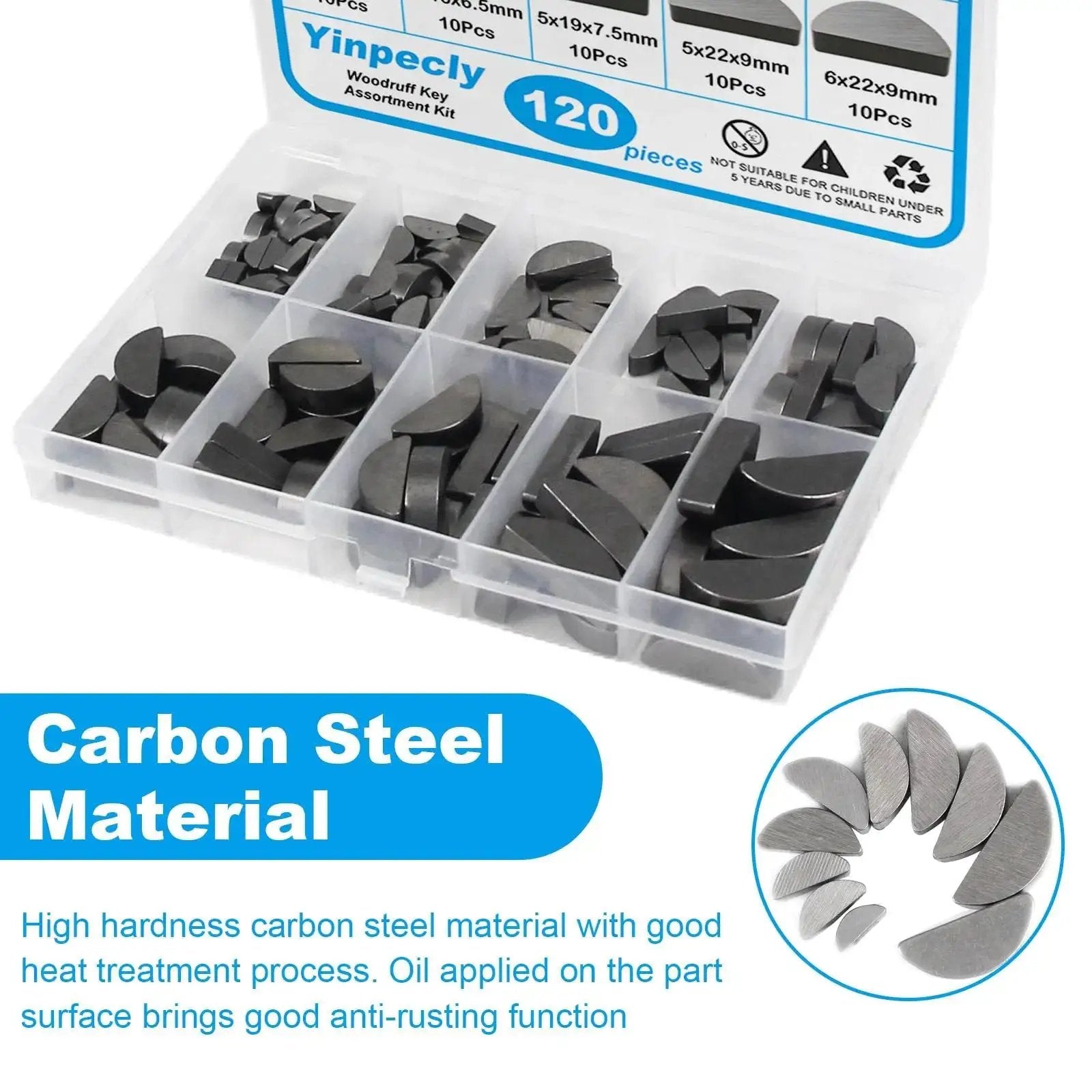 120 Piece Woodruff Key Set With 10 Popular Half Moon Sizes in case, high carbon steel, includes keys for gear engagement.