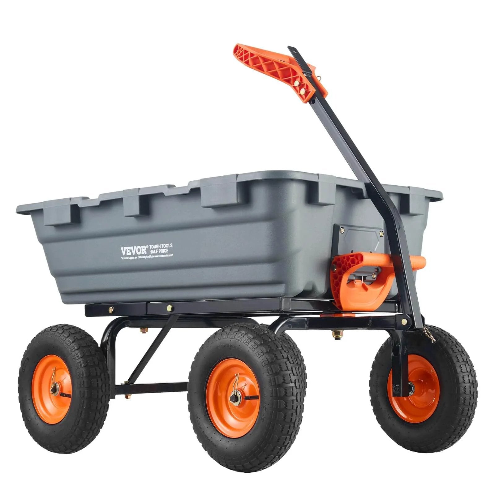 1200 lb 7 Cu Ft Garden Dump Cart with 2 in 1 Convertible Handle and 13 Inch All Terrain Wheels, side view of heavy duty poly wagon