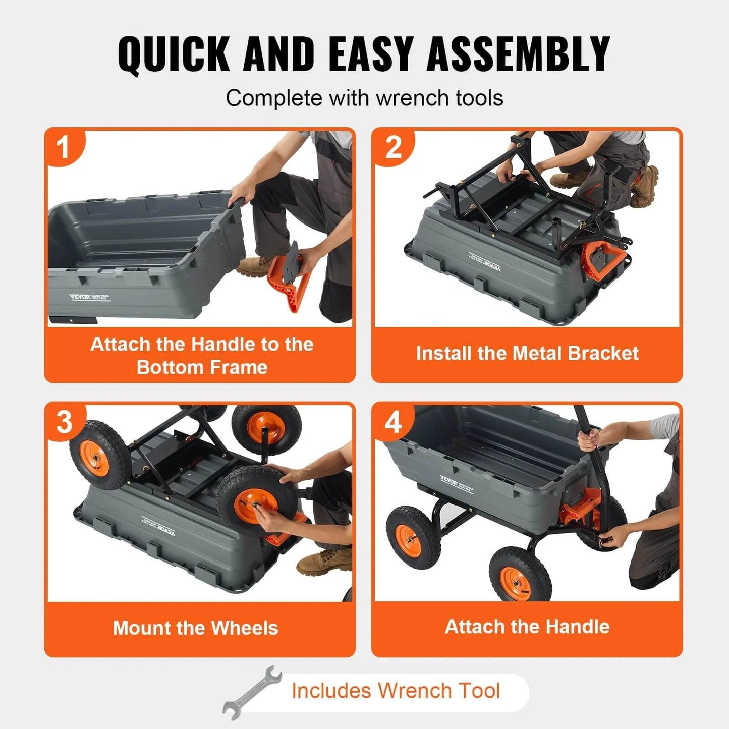 Step-by-step assembly of 1200 lb 7 Cu Ft Garden Dump Cart with 2 in 1 Convertible Handle and 13 Inch All Terrain Wheels.
