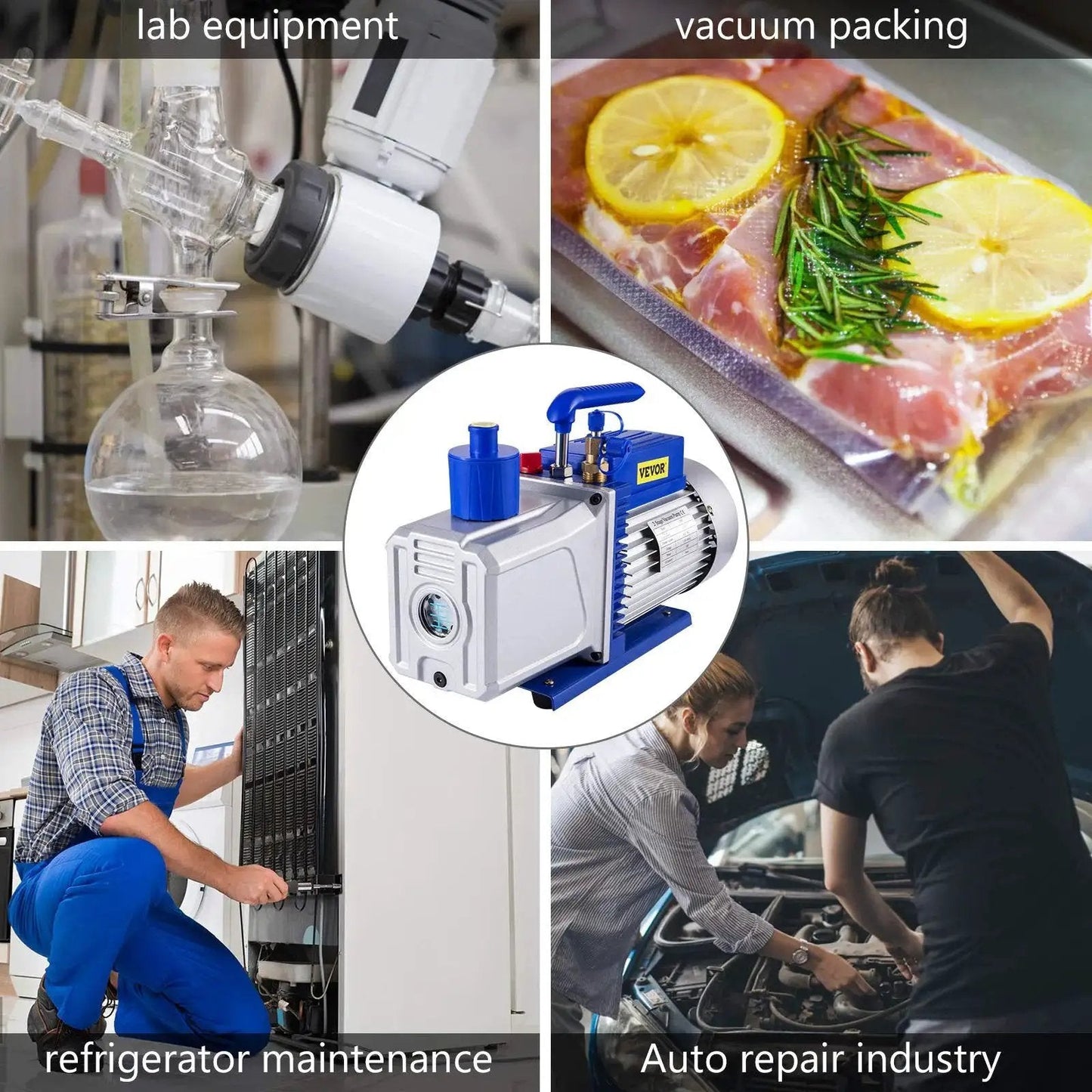 Collage showing various uses of 12 CFM 1 HP Double Stage HVAC Vacuum Pump for auto repair, lab equipment, vacuum packing, and refrigeration.