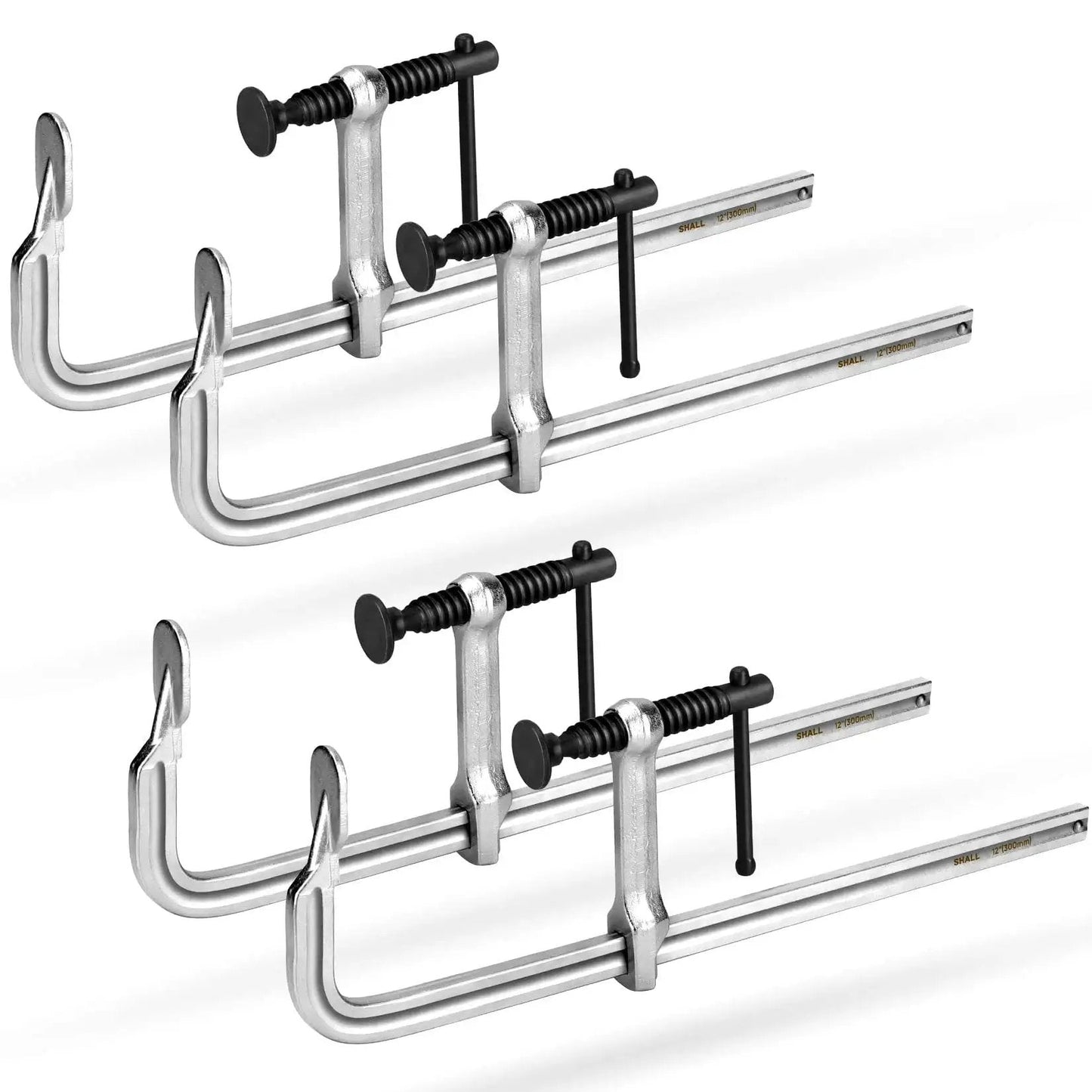 4 Pack 12 Inch Bar Clamps Set With Drop Forged Steel Construction 3 Inch Throat Depth And 450 Lbs Load Capacity shown in silver metal