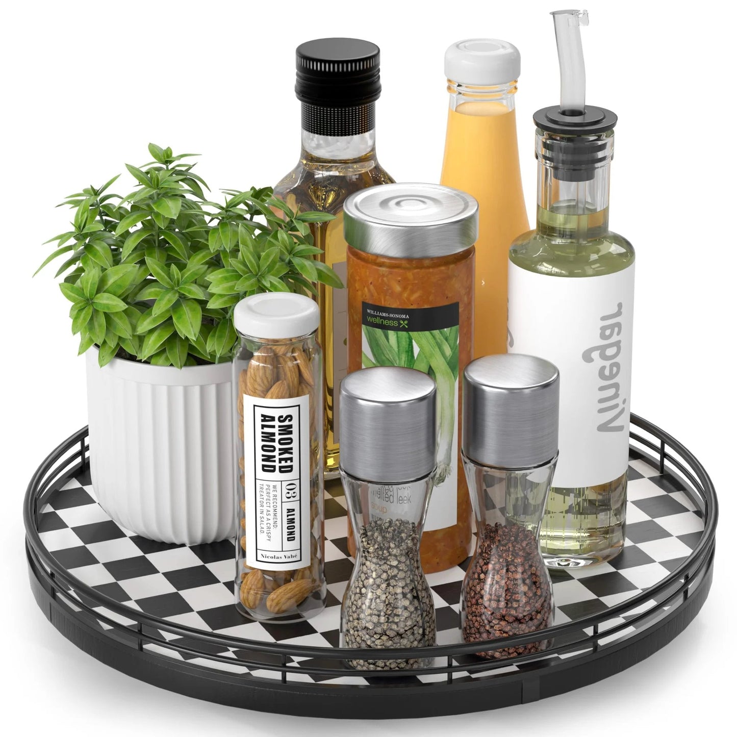 12 Inch Round Black And White Checkered Lazy Susan Turntable With Iron Frame For Kitchen And Dining Table Centerpiece Oak Wood Tray Organizer For Cookies Condiments And Small Kitchen Surfaces Smooth Spin For Easy Access