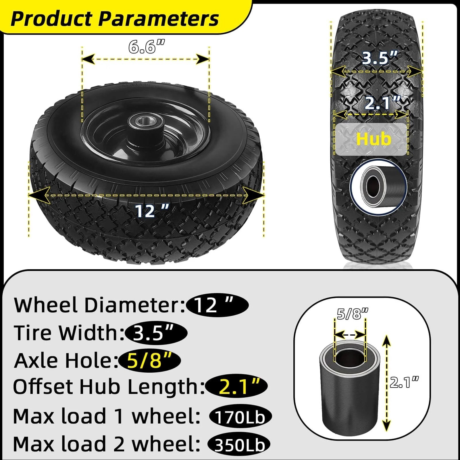 12 Inch Flat Free Solid Rubber Tire and Wheel Assembly with 2.1 Inch Offset Hub, dimensions and specs shown