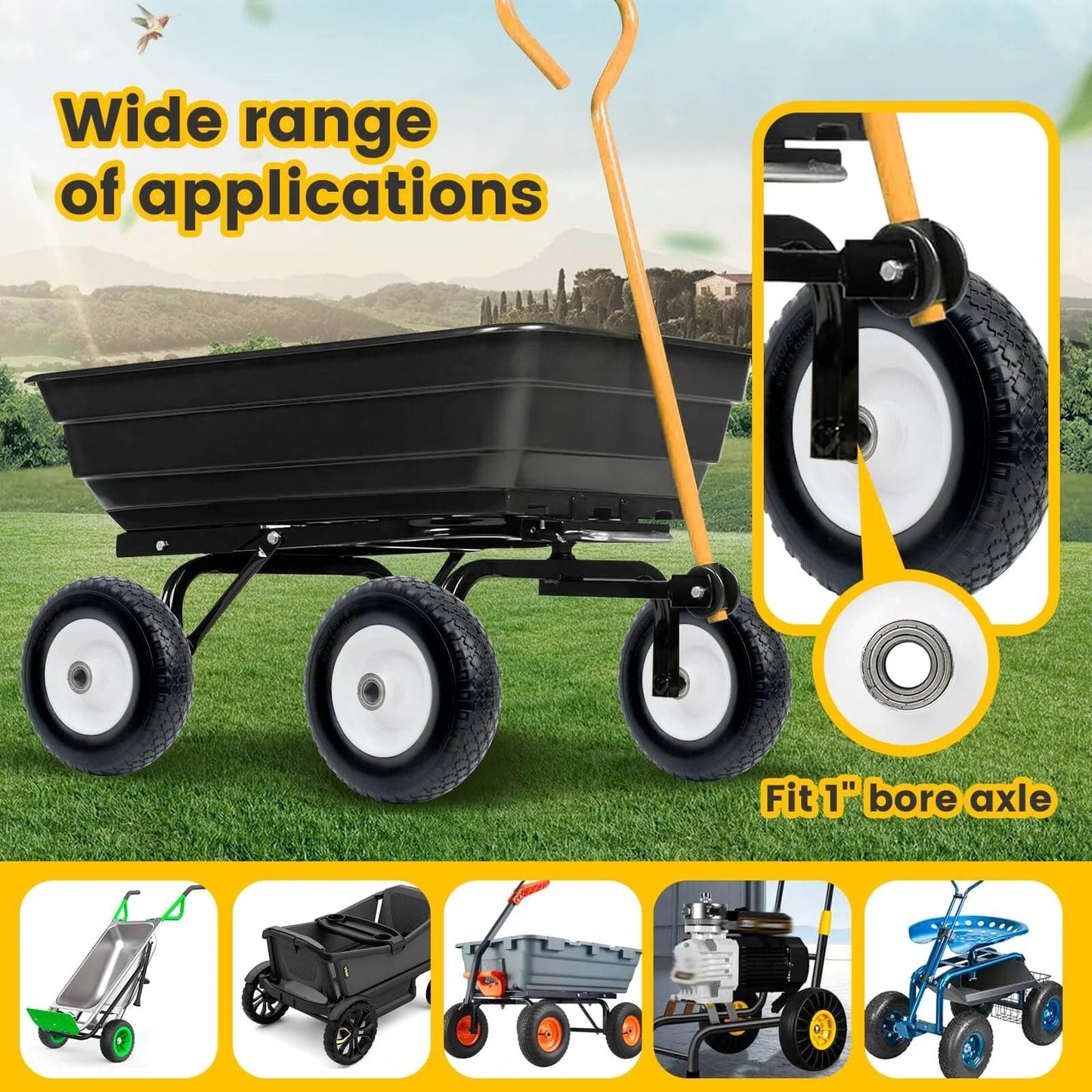 Garden cart with 12 Inch Flat Free Solid Polyurethane Tire and Wheel, Black All Purpose Replacement with 1 Inch Bore.