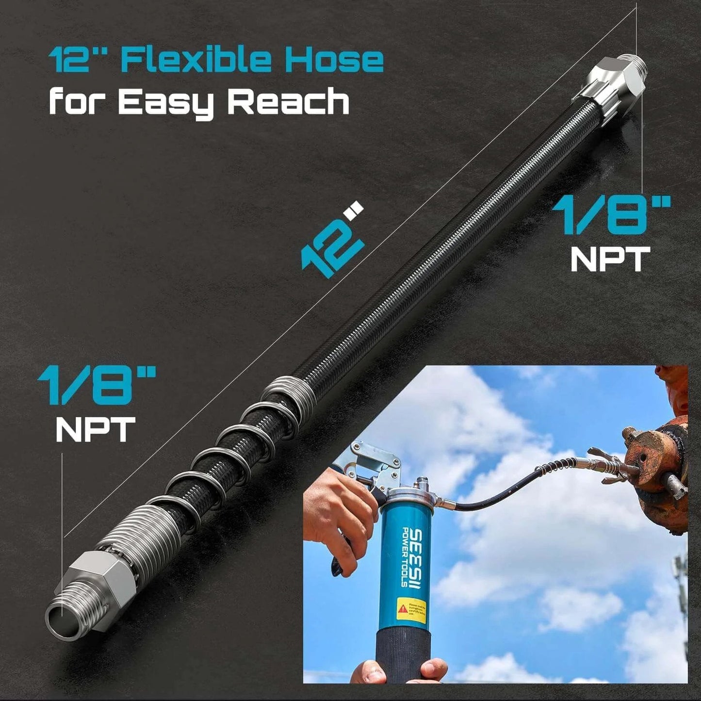 12-inch flexible hose with NPT thread from Grease Gun Accessory Kit, Includes Quick-Release Coupler, 90 Degree Grease Gun Coupler Adapter, GR04P