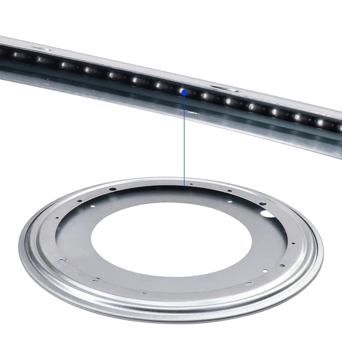 Close-up of Nine Pack 12 Inch Lazy Susan Turntable Bearing Plate Heavy Duty 1000 Pounds Load Capacity Galvanized Steel for rotating use.