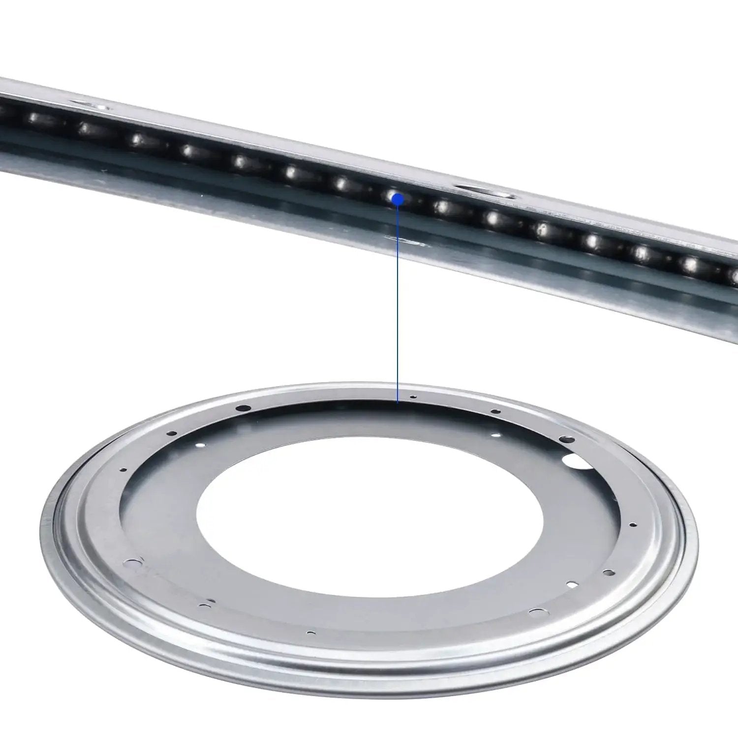 Close-up of Nine Pack 12 Inch Lazy Susan Turntable Bearing Plate Heavy Duty 1000 Pounds Load Capacity Galvanized Steel for rotating use.