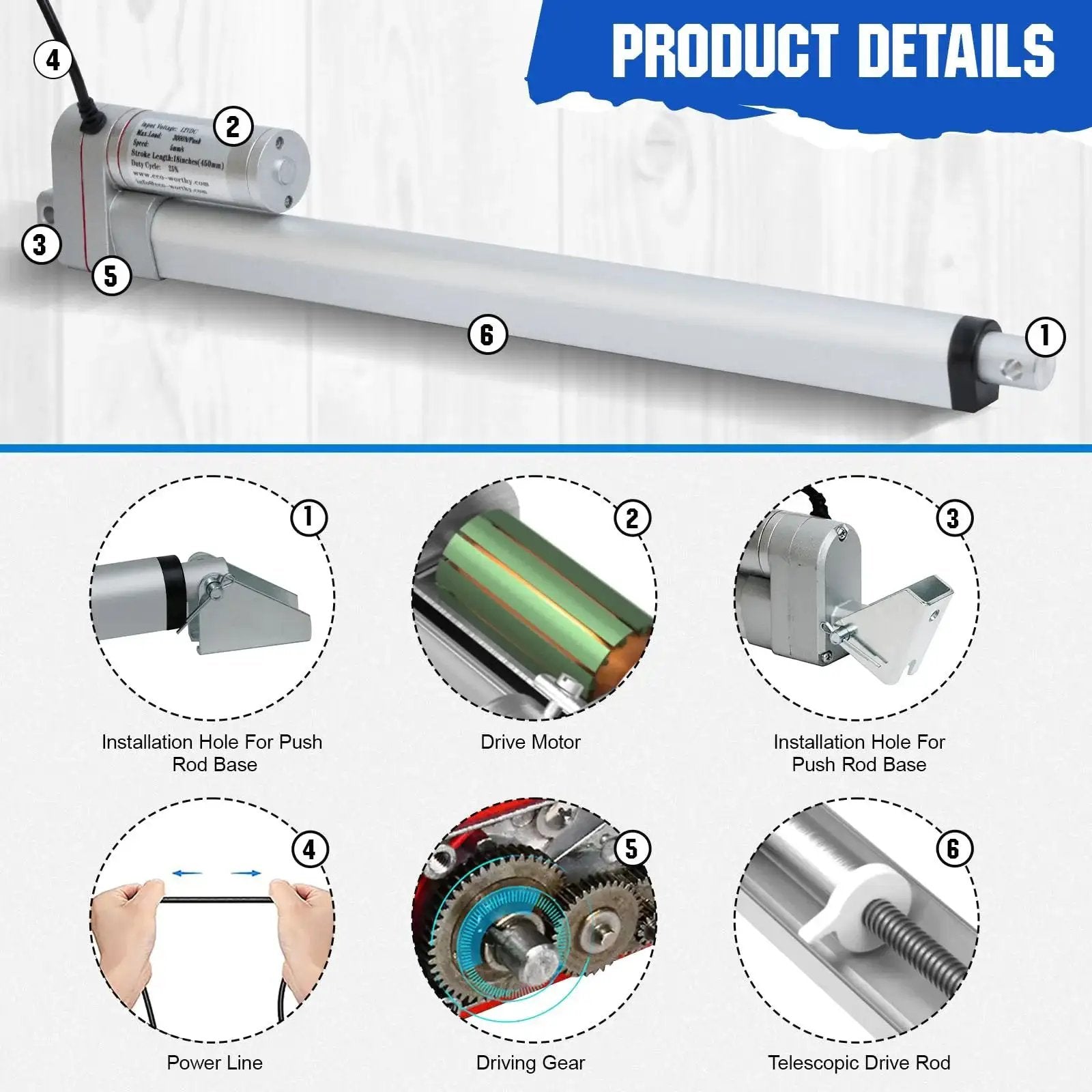 Heavy Duty 12 Inch Linear Actuator 3000N 675 Lbs 12V with IP65 Aluminum Housing and Mounting Brackets, product overview and features