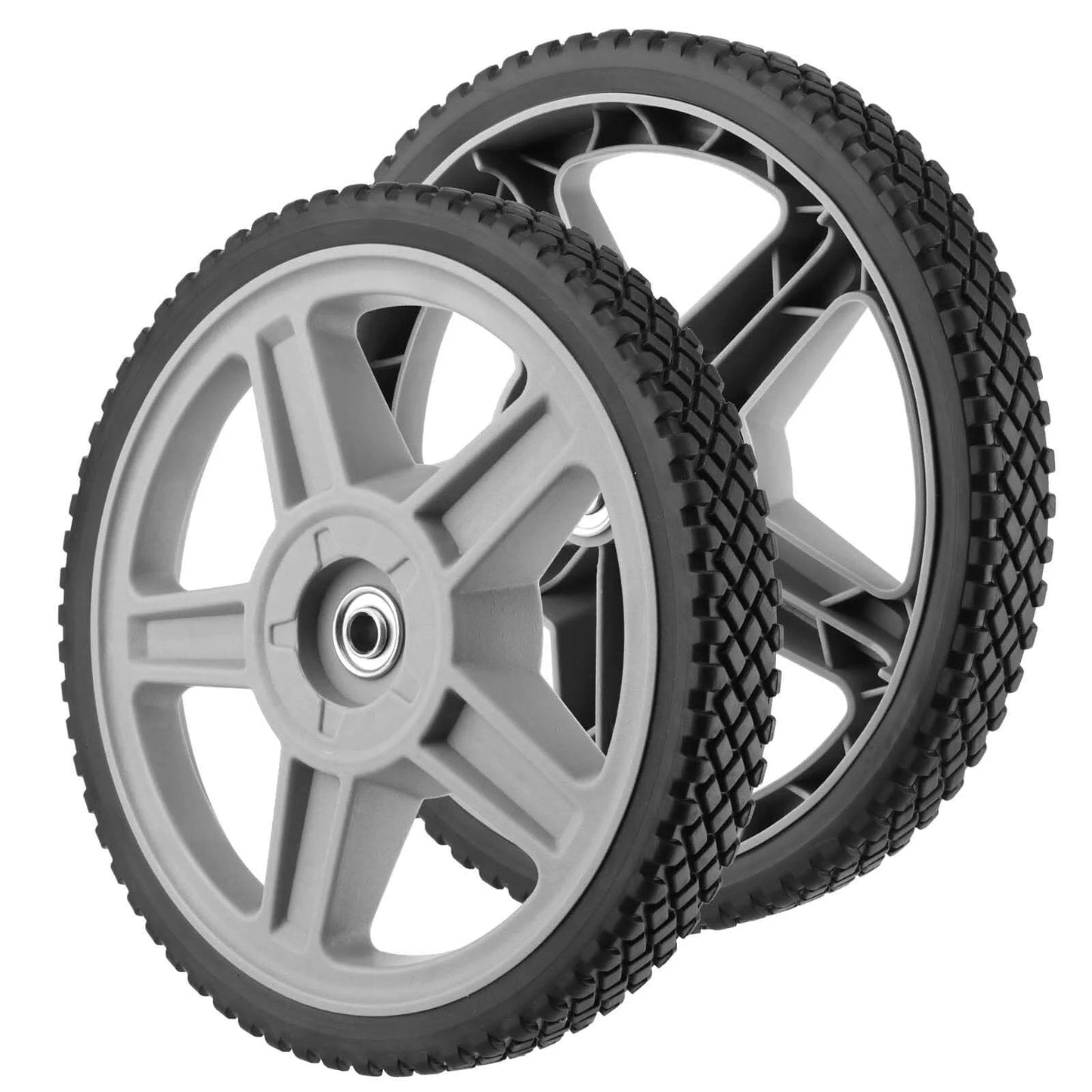 2 Pack 12 x 1.7 Inch Plastic Spoked Wheels with 1/2 Inch Axle Bore, Solid Diamond Tread Replacement Wheel Assemblies for carts