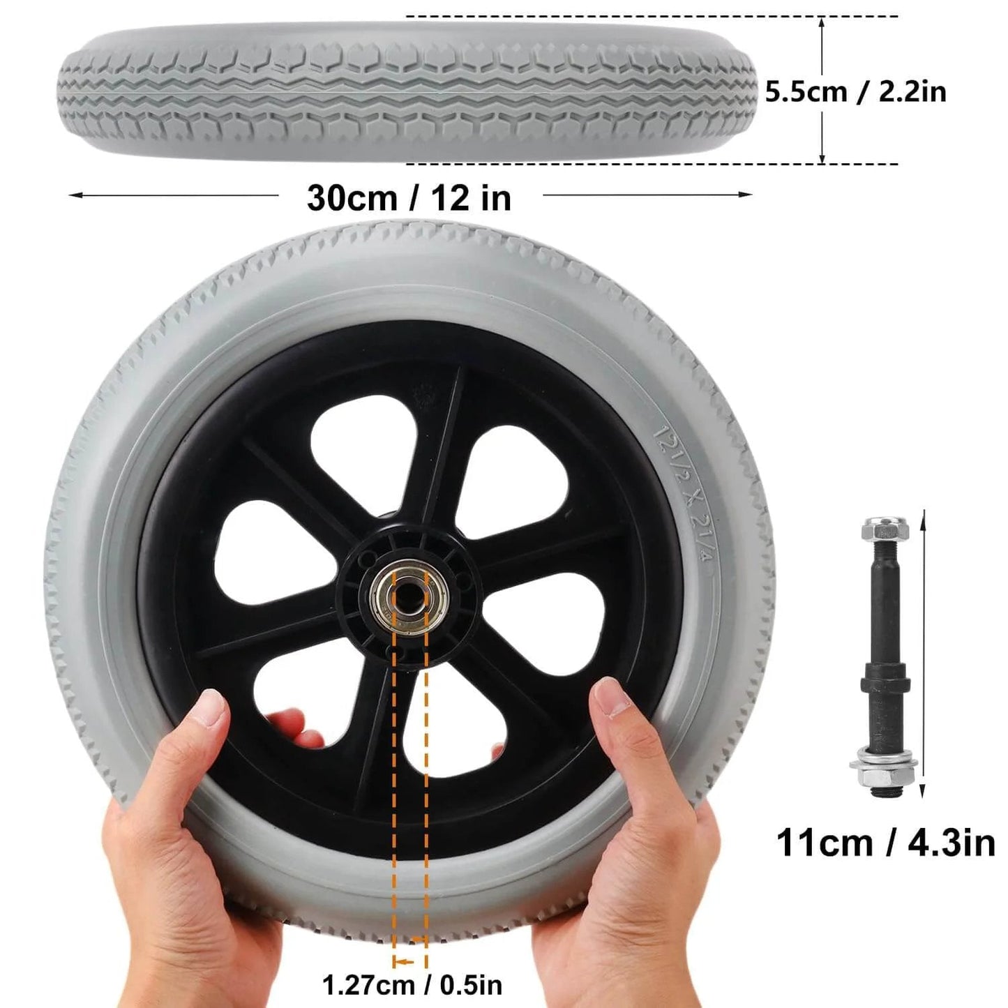 2 Pack 12 Inch Solid Plastic Spoked Wheelchair Replacement Wheels with Hard Rubber Tires, 0.5 Inch Shaft Aperture