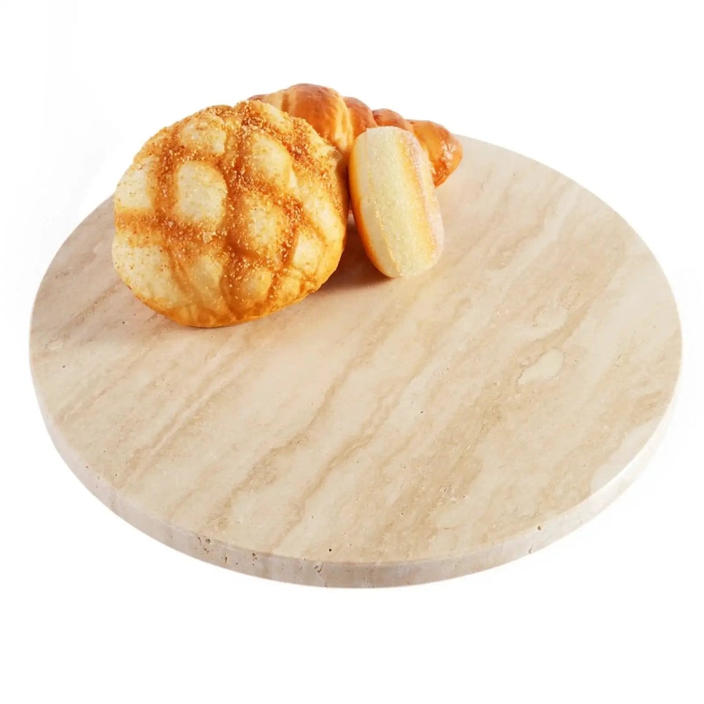 Natural Travertine Lazy Susan Turntable Organizer for Tabletop and Countertop 12 Inch Round Serving Tray with bread on top