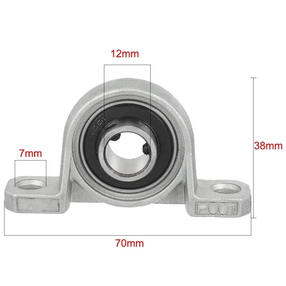 Front view of 12mm Bore Zinc Alloy Inner Ball Mounted Pillow Block Bearing Self Aligning Flange Block showing dimensions and rust-proof design.