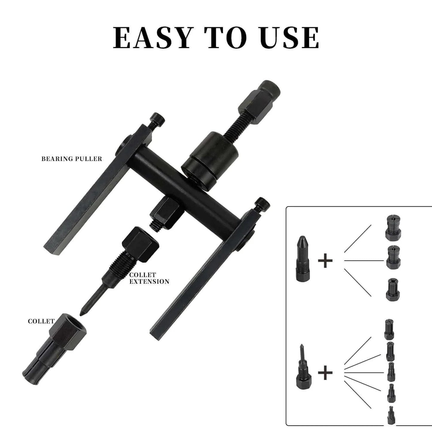 12pcs Blind Hole Bearing Puller Set Internal Bearing Extractor Puller Kit with Expanding Collet shown with components and usage diagram