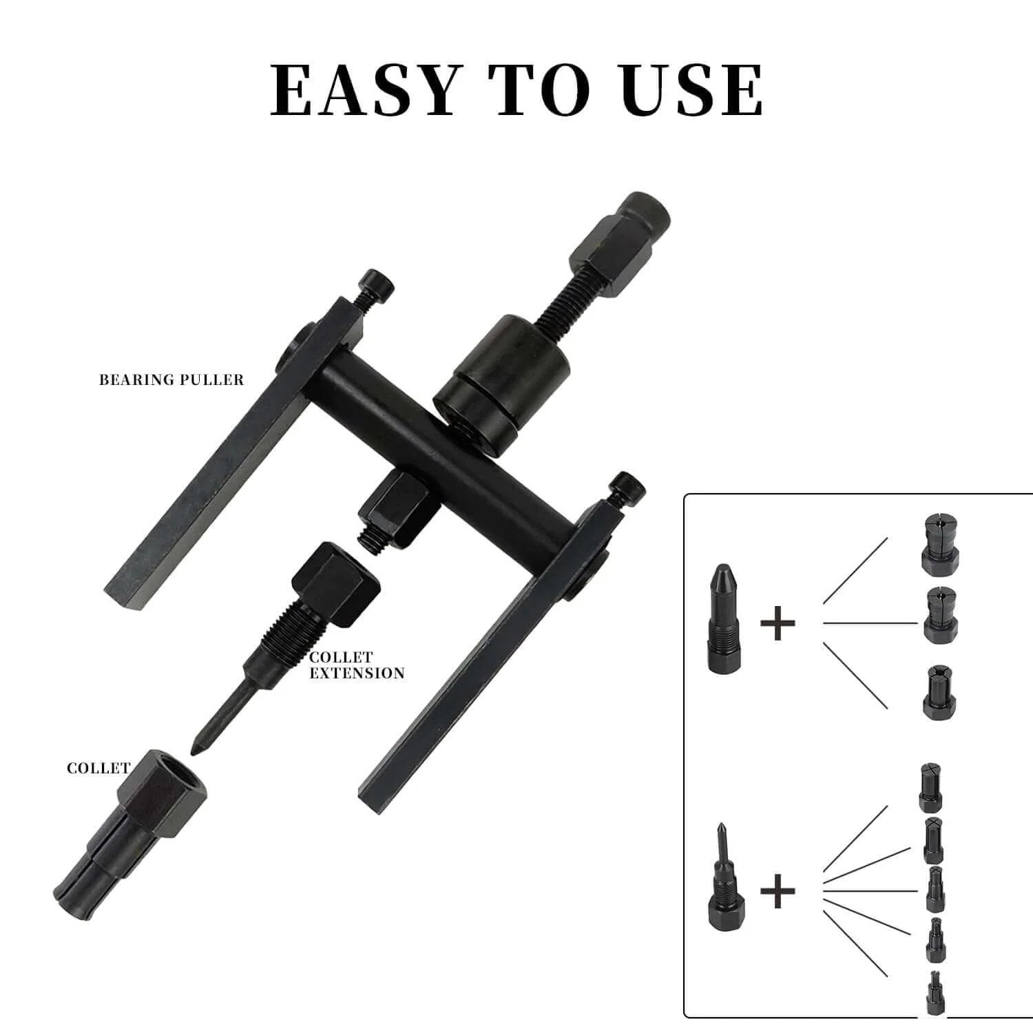 12pcs Blind Hole Bearing Puller Set Internal Bearing Extractor Puller Kit with Expanding Collet shown with components and usage diagram