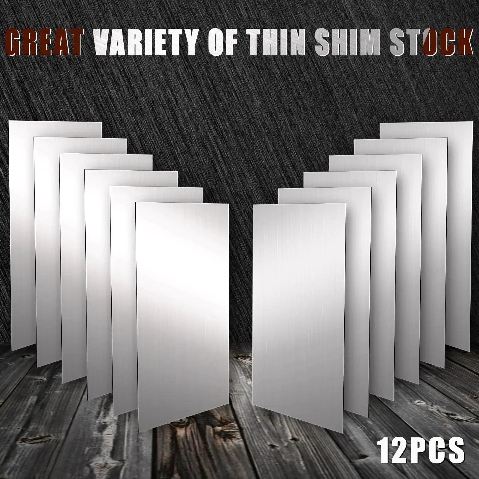 12 Piece Stainless Steel Shim Stock Kit, 2.5 x 6 Inch, for leveling and spacing, various thicknesses, automotive and DIY projects.