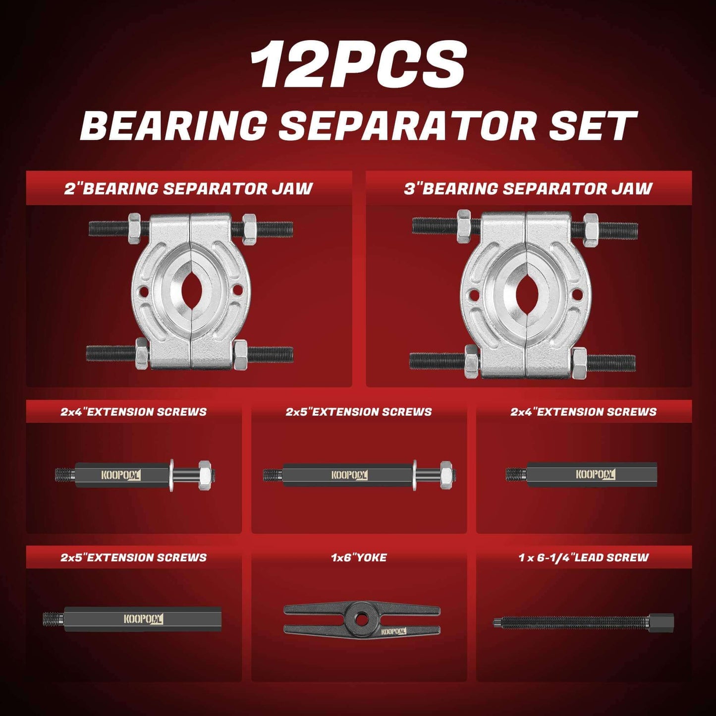 12pcs Bearing Separator Set with 2'' and 3'' Bearing Separator Jaws, extension screws, yoke, and lead screw displayed on red background.