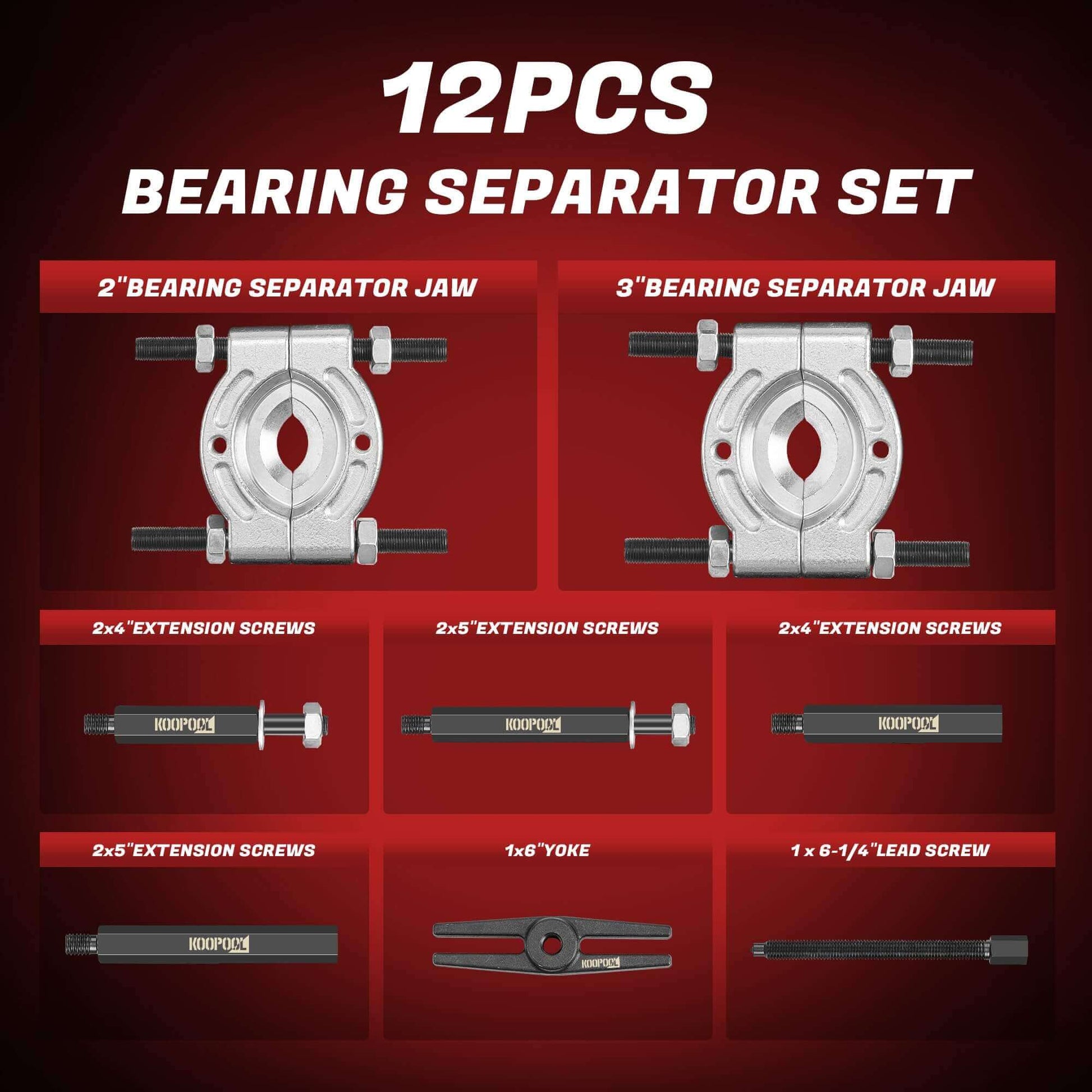 12pcs Bearing Separator Set with 2'' and 3'' Bearing Separator Jaws, extension screws, yoke, and lead screw displayed on red background.