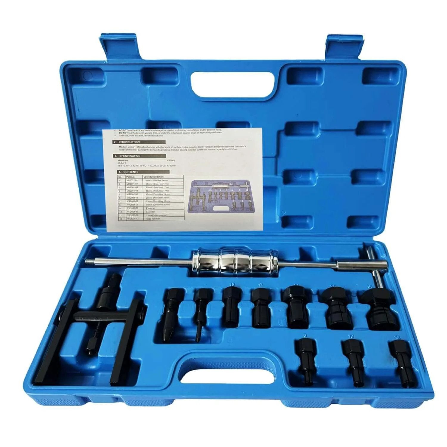 12pcs Blind Hole Bearing Puller Set Internal Bearing Extractor Puller Kit with slide hammer, expanding collet 8-32MM in blue case